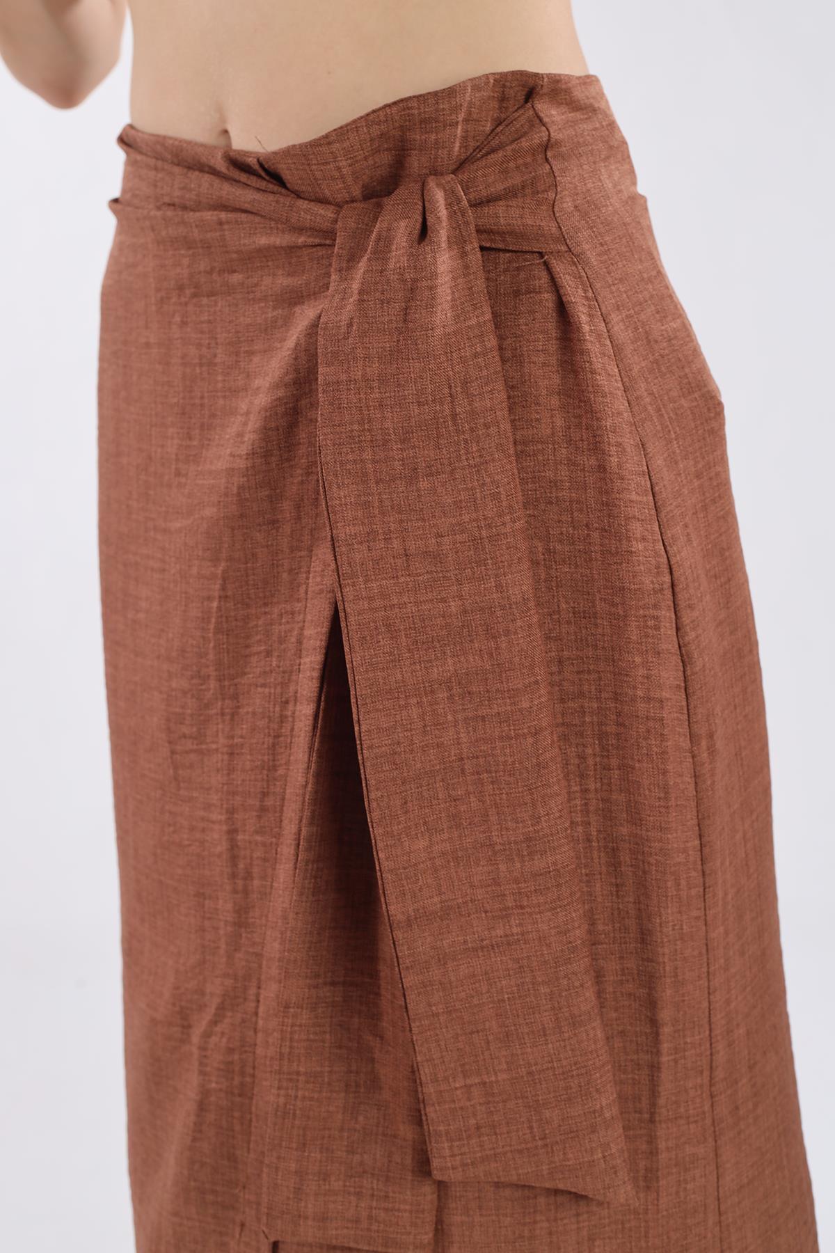 Kahve Belden Bağlamalı Etek 4283A - 3