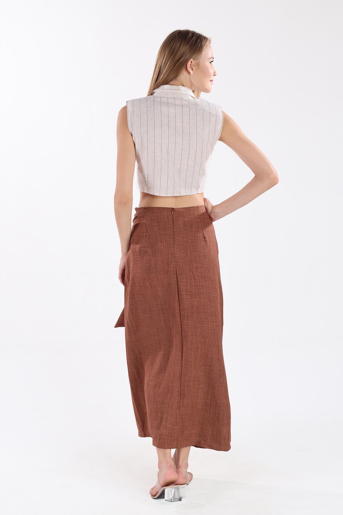 Kahve Belden Bağlamalı Etek 4283A - 4