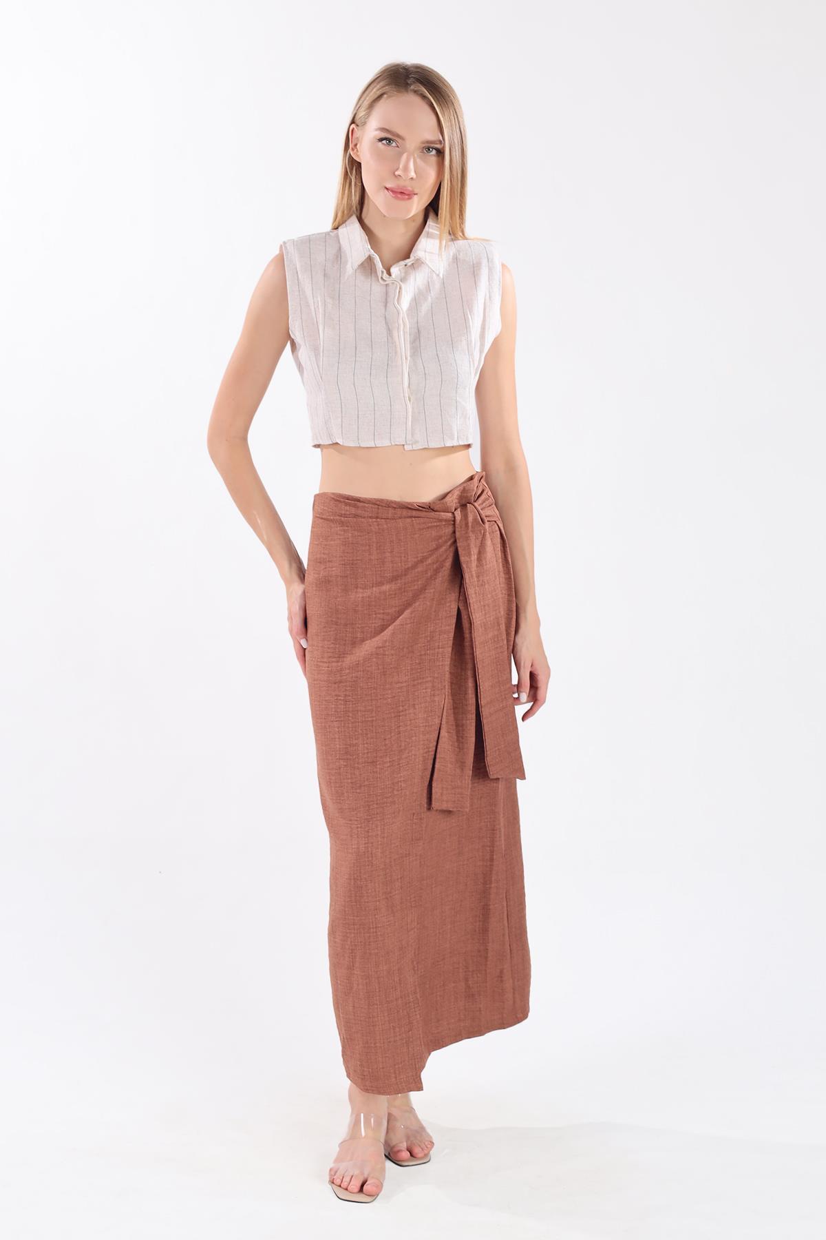 Kahve Belden Bağlamalı Etek 4283A - 6