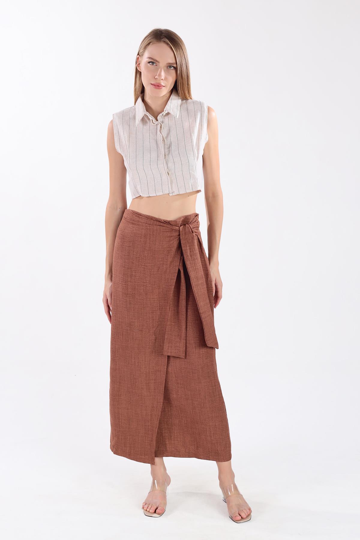 Kahve Belden Bağlamalı Etek 4283A - 7