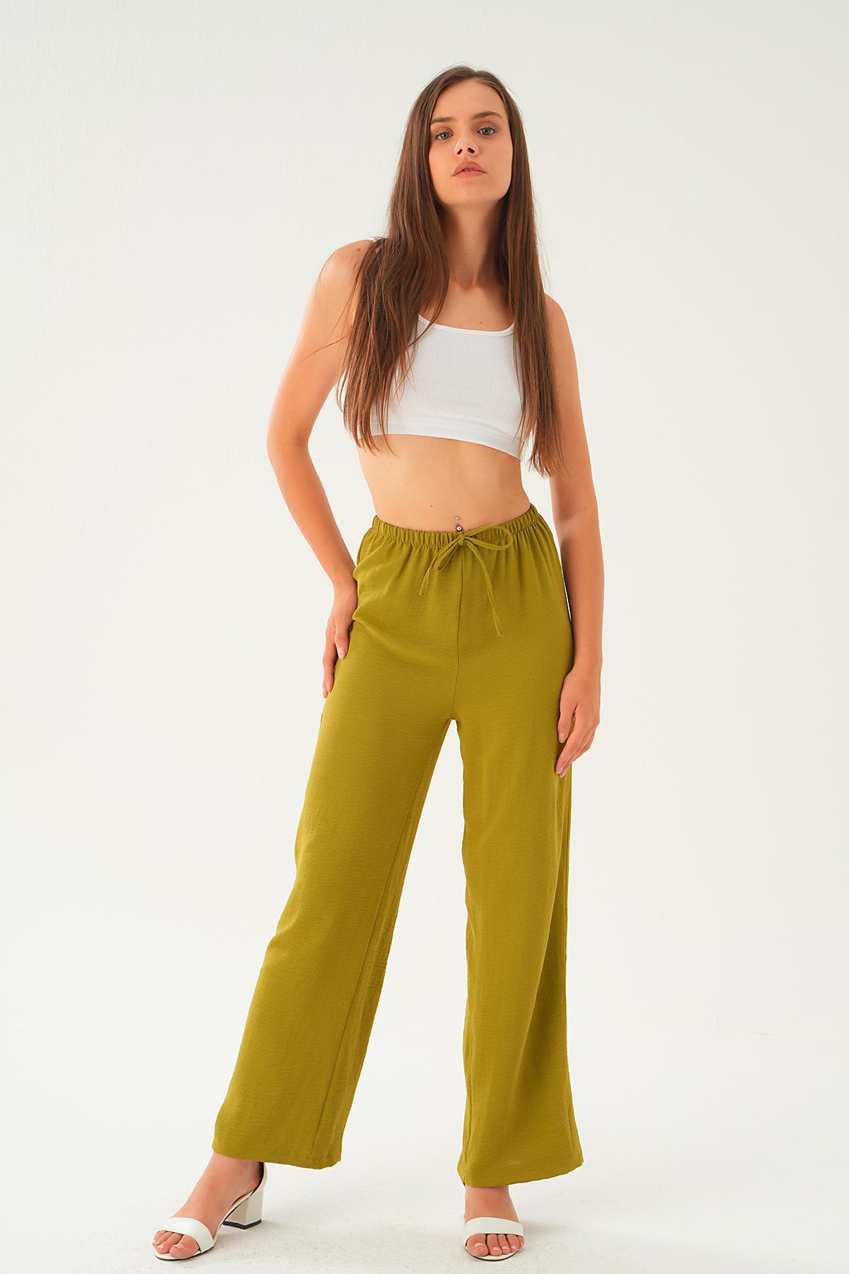 Yağ Yeşili Bol Paça Pantolon 4284A - 2