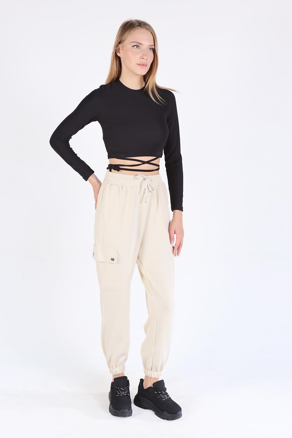 Bej Paça Lastik Kargo Cep Eşofman 4285A - 7