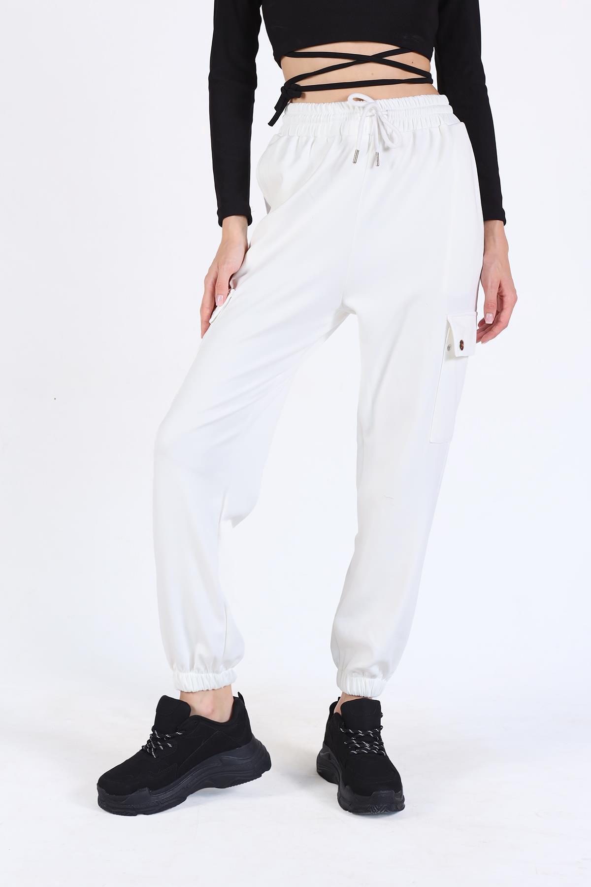 4285A Paça Lastikli Kargo Cep Eşofman Beyaz - RAYS