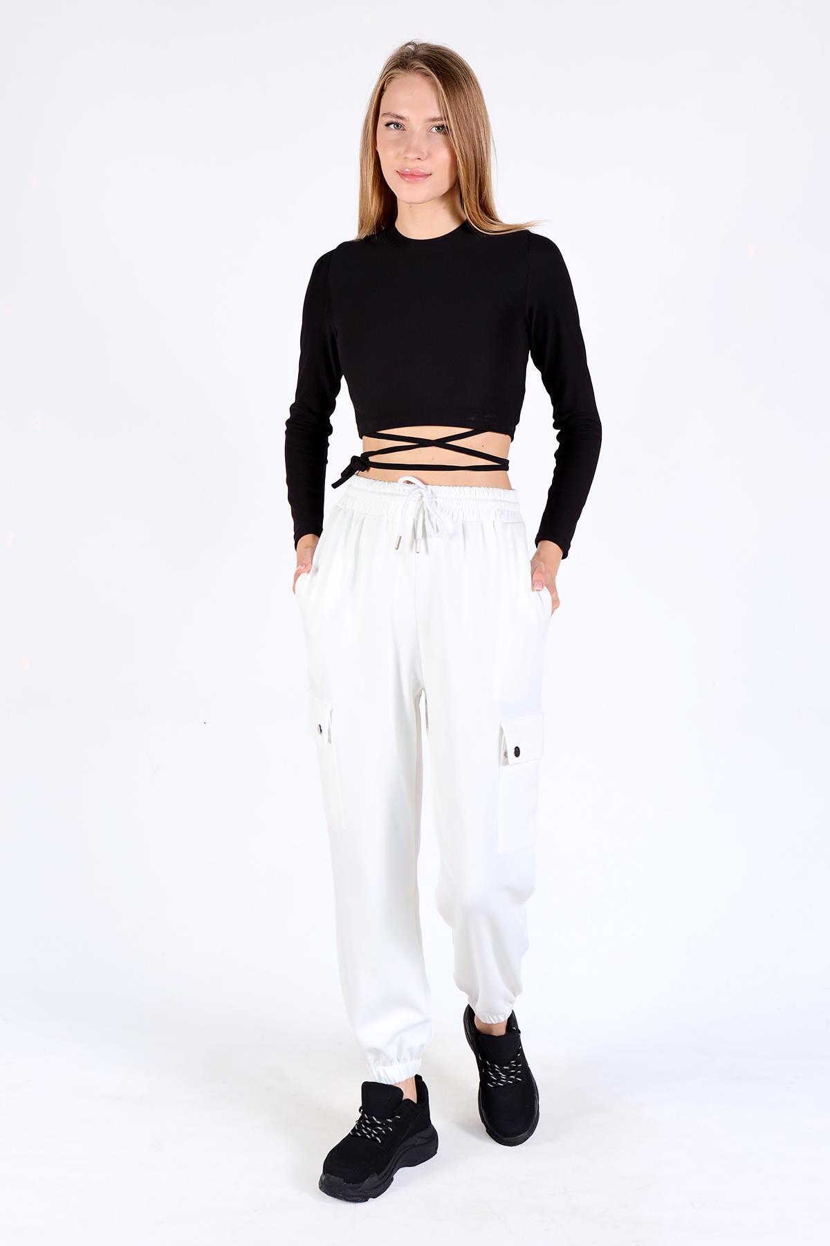 Beyaz Paça Lastik Kargo Cep Eşofman 4285A 