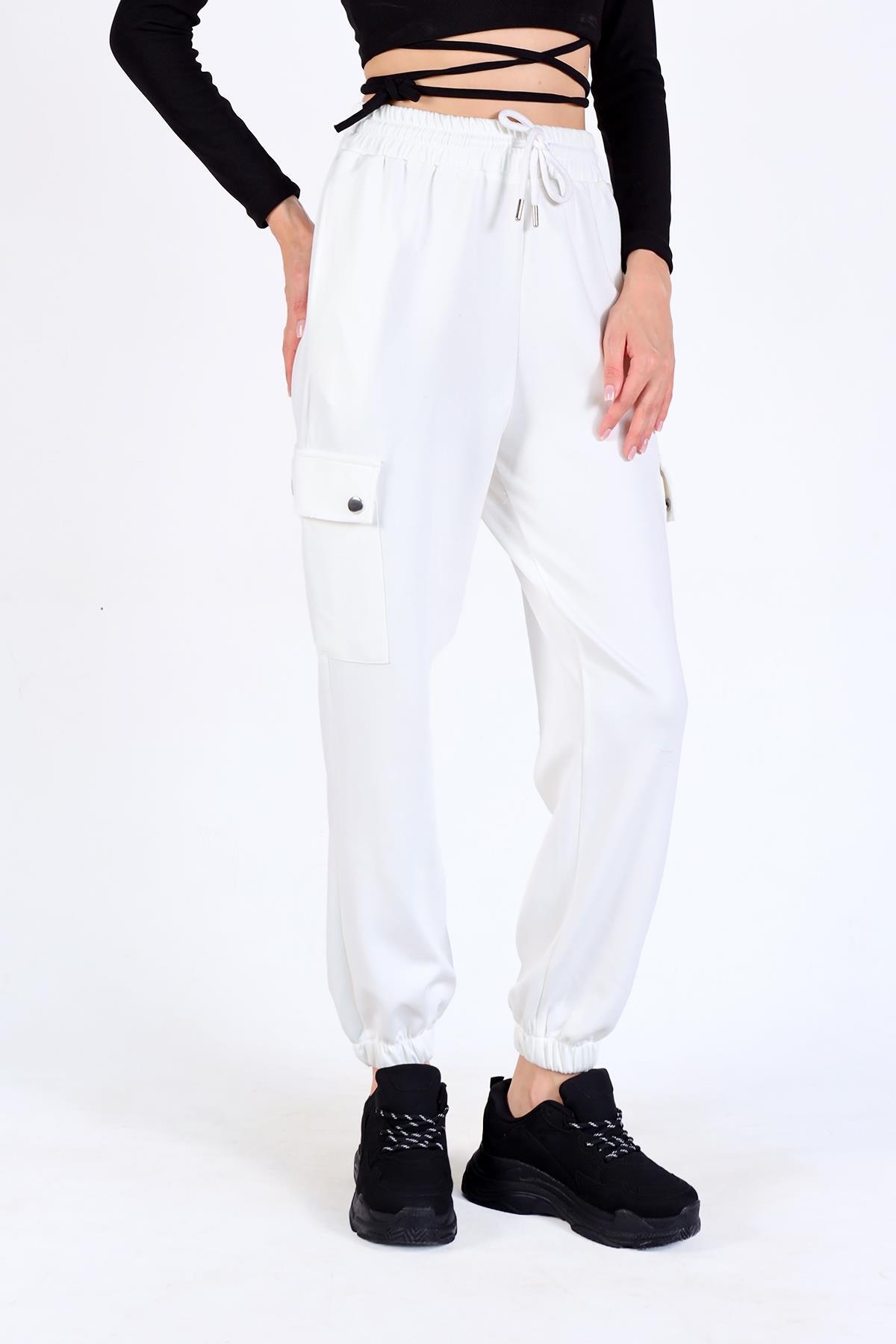 Beyaz Paça Lastik Kargo Cep Eşofman 4285A - 2