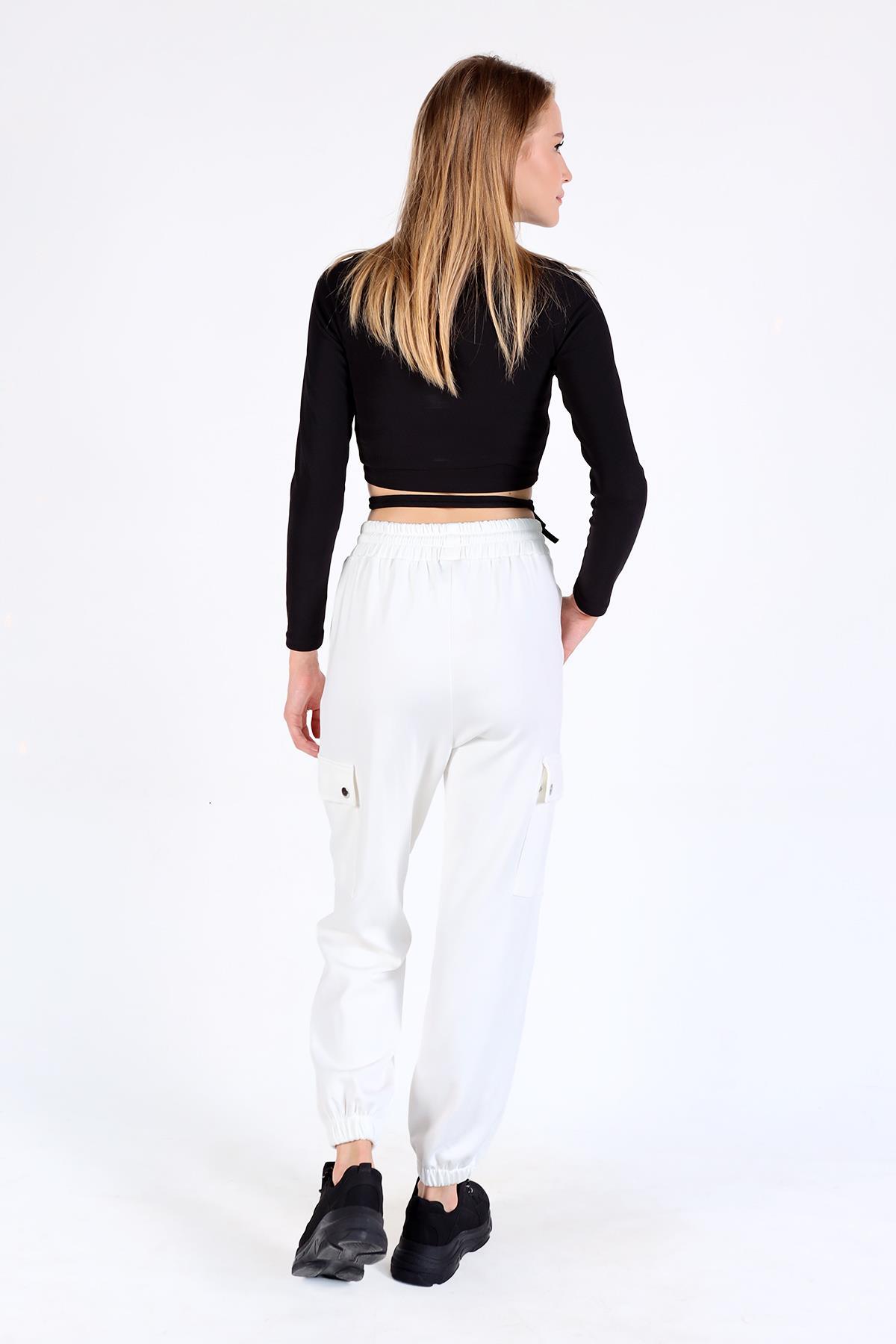 Beyaz Paça Lastik Kargo Cep Eşofman 4285A - 5