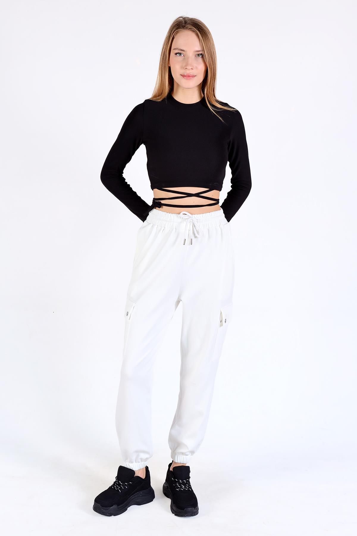 Beyaz Paça Lastik Kargo Cep Eşofman 4285A - 7