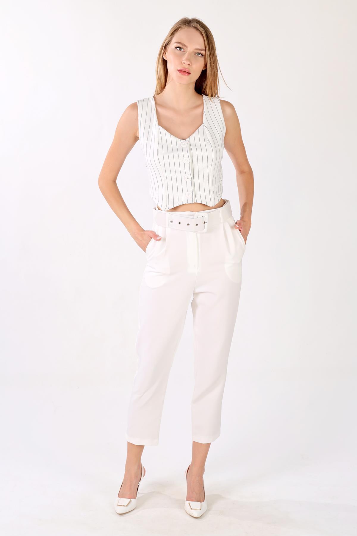 4288A Pens Detay Çizgili Yelek Ekru - 3