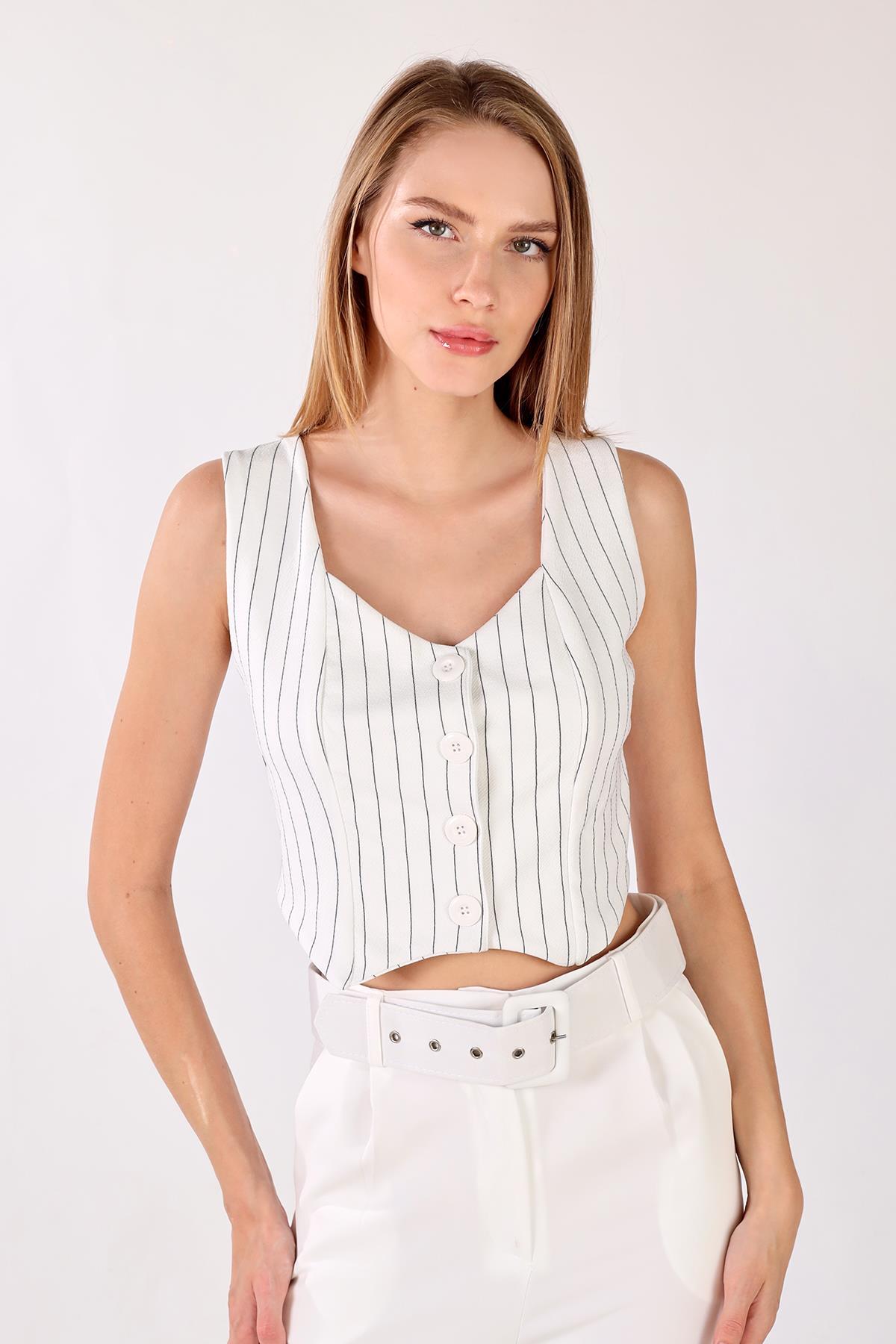4288A Pens Detay Çizgili Yelek Ekru - 2