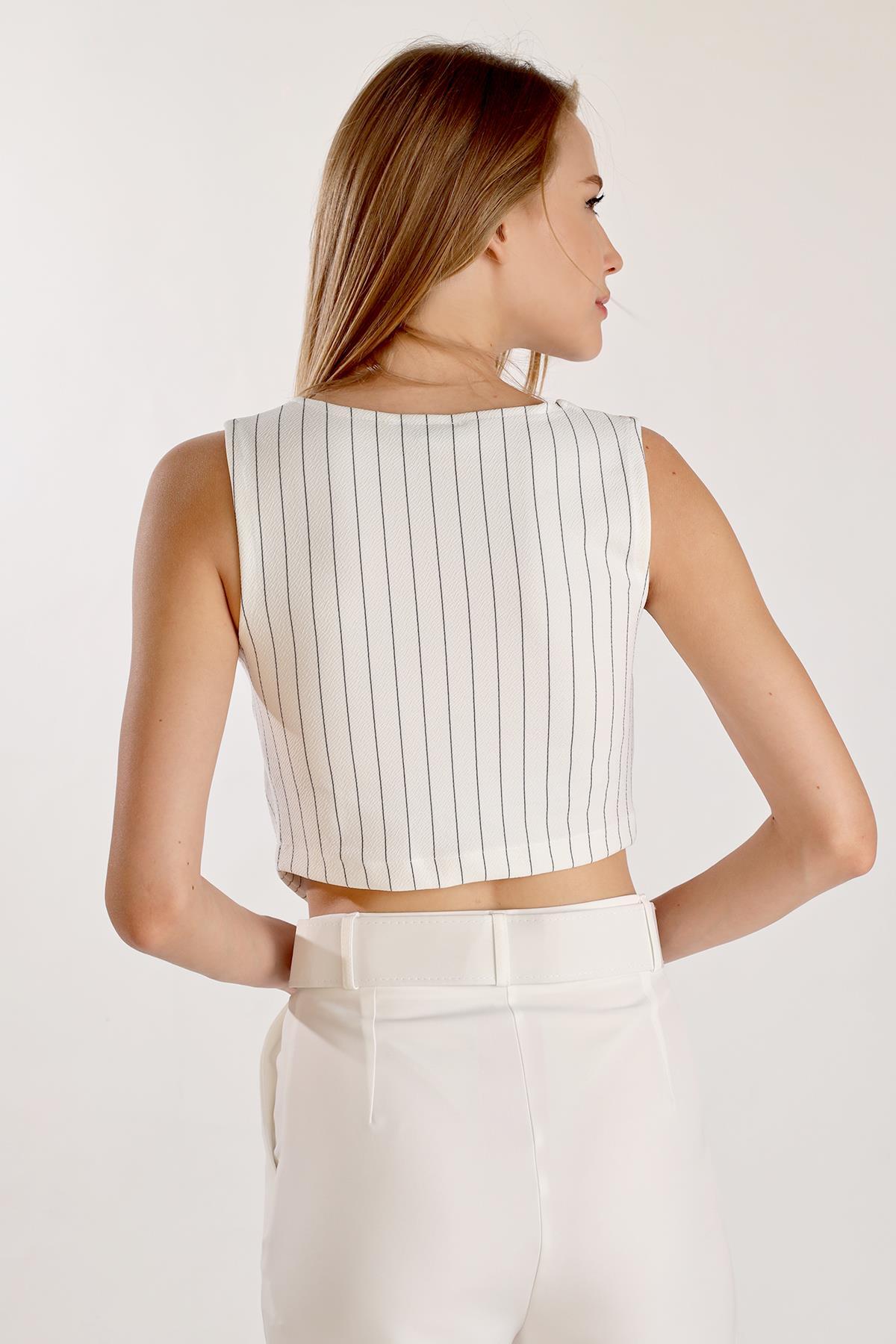 Ekru Pens Detay Çizgili Yelek 4288A - 4