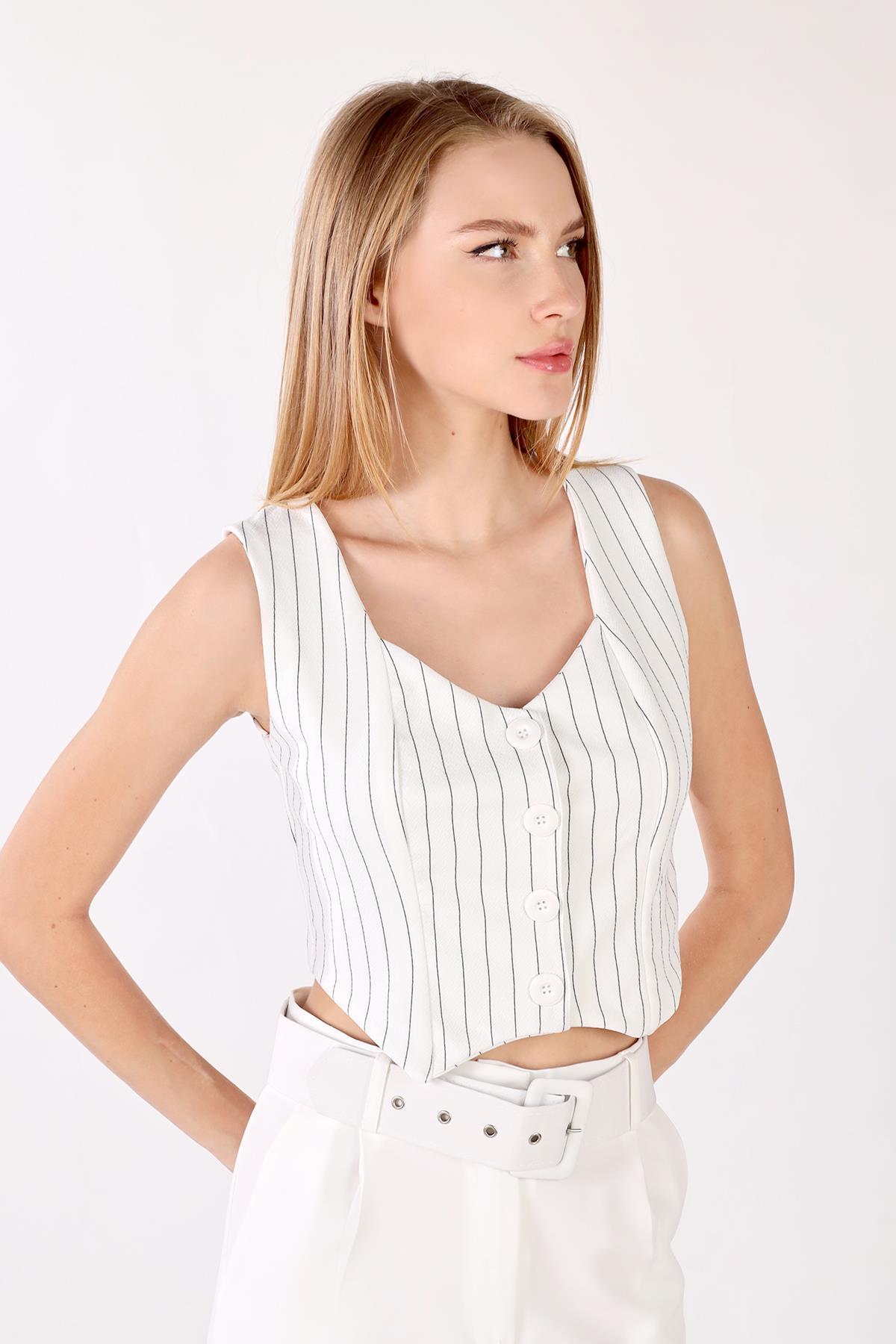 Ekru Pens Detay Çizgili Yelek 4288A - 5