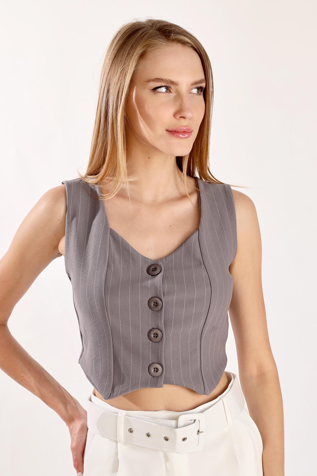 4288A Pens Detay Çizgili Yelek Gri 