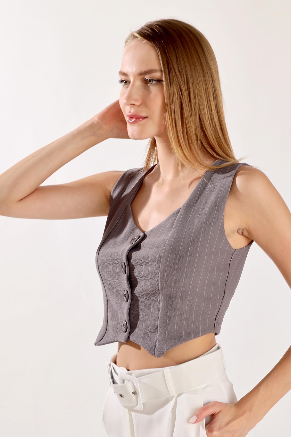 Gri Pens Detay Çizgili Yelek 4288A - 5