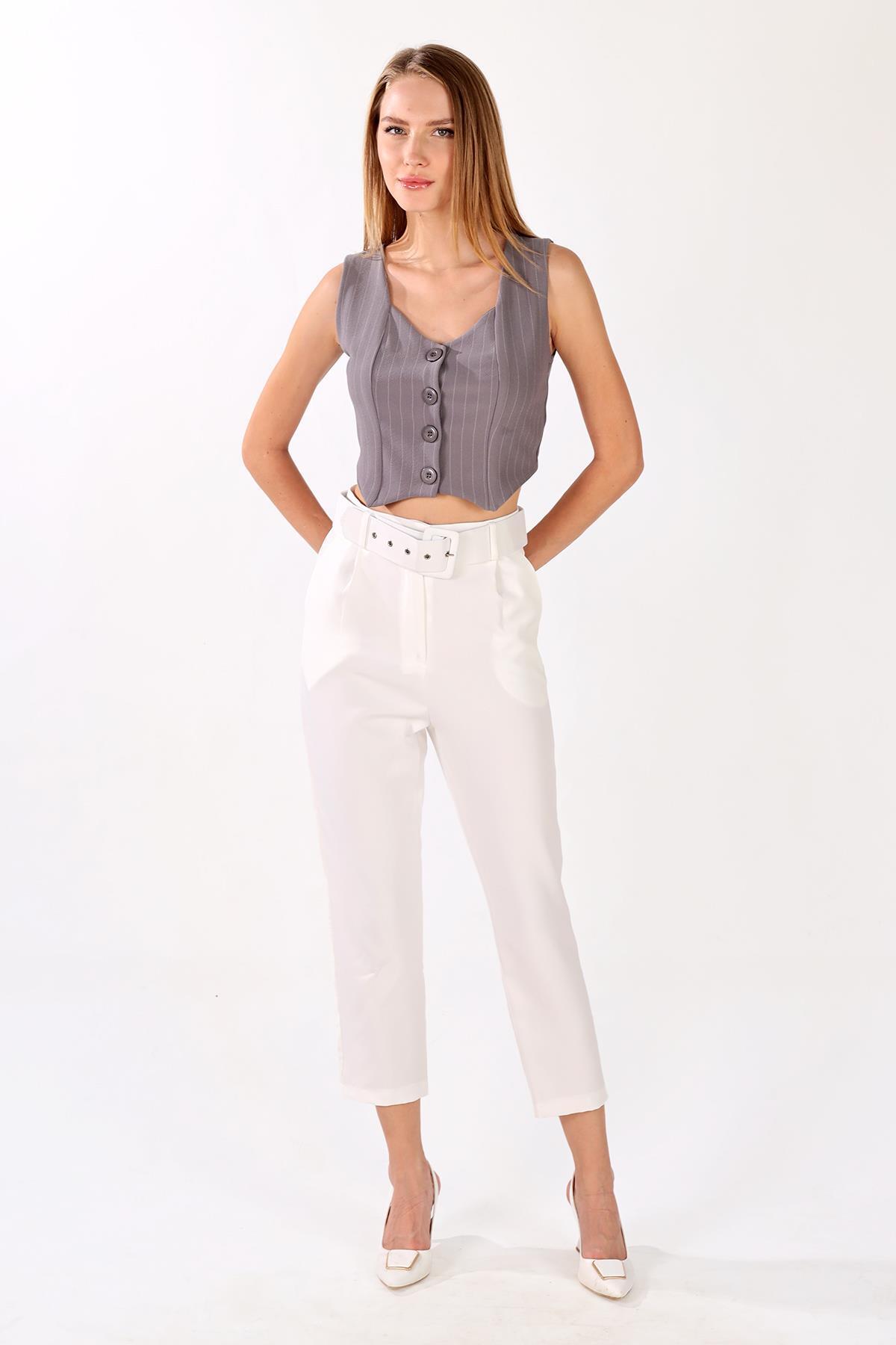 Gri Pens Detay Çizgili Yelek 4288A - 6