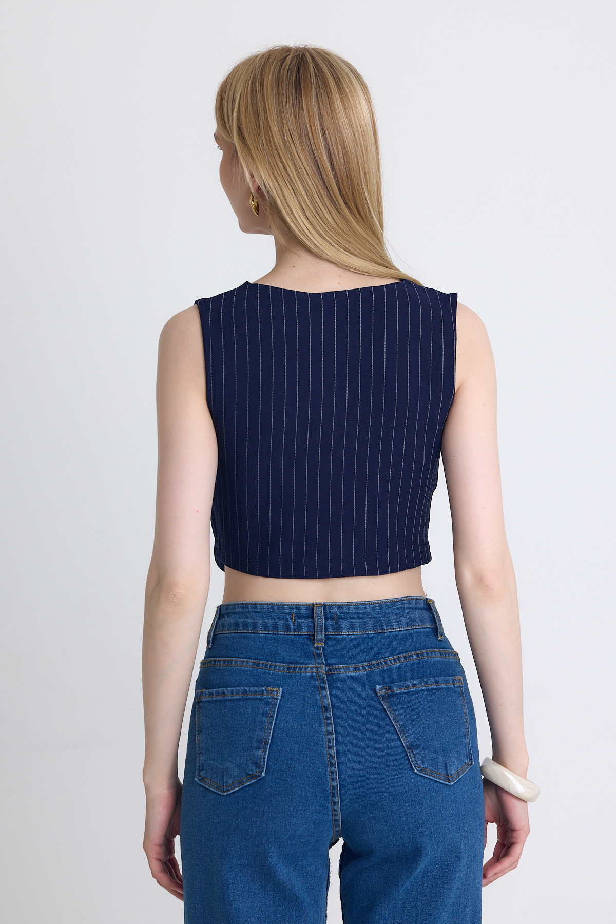 Laci Çizgili V Yaka Pens Detaylı Düğmeli Crop Yelek 4288A - 5