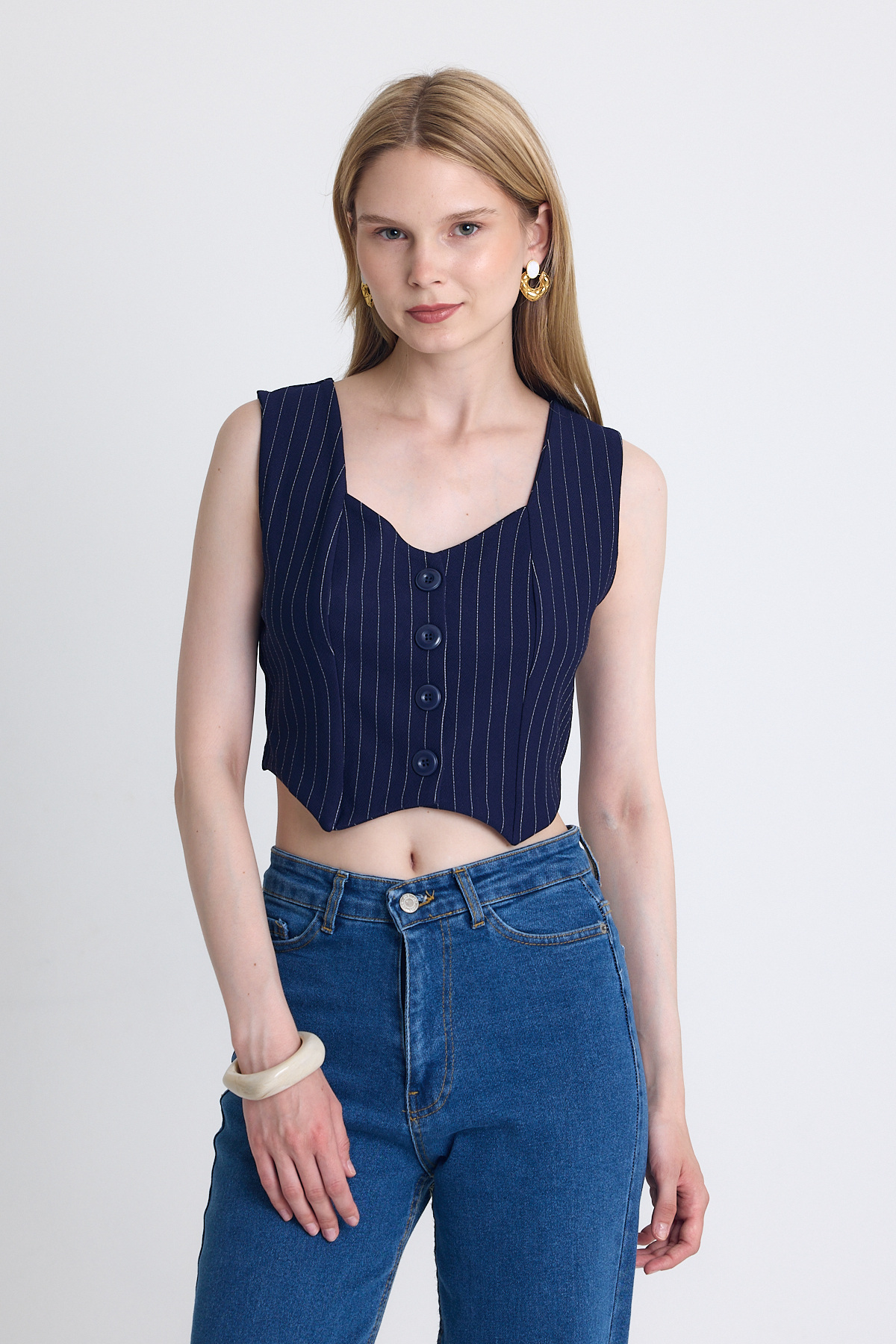 Laci Çizgili V Yaka Pens Detaylı Düğmeli Crop Yelek 4288A 