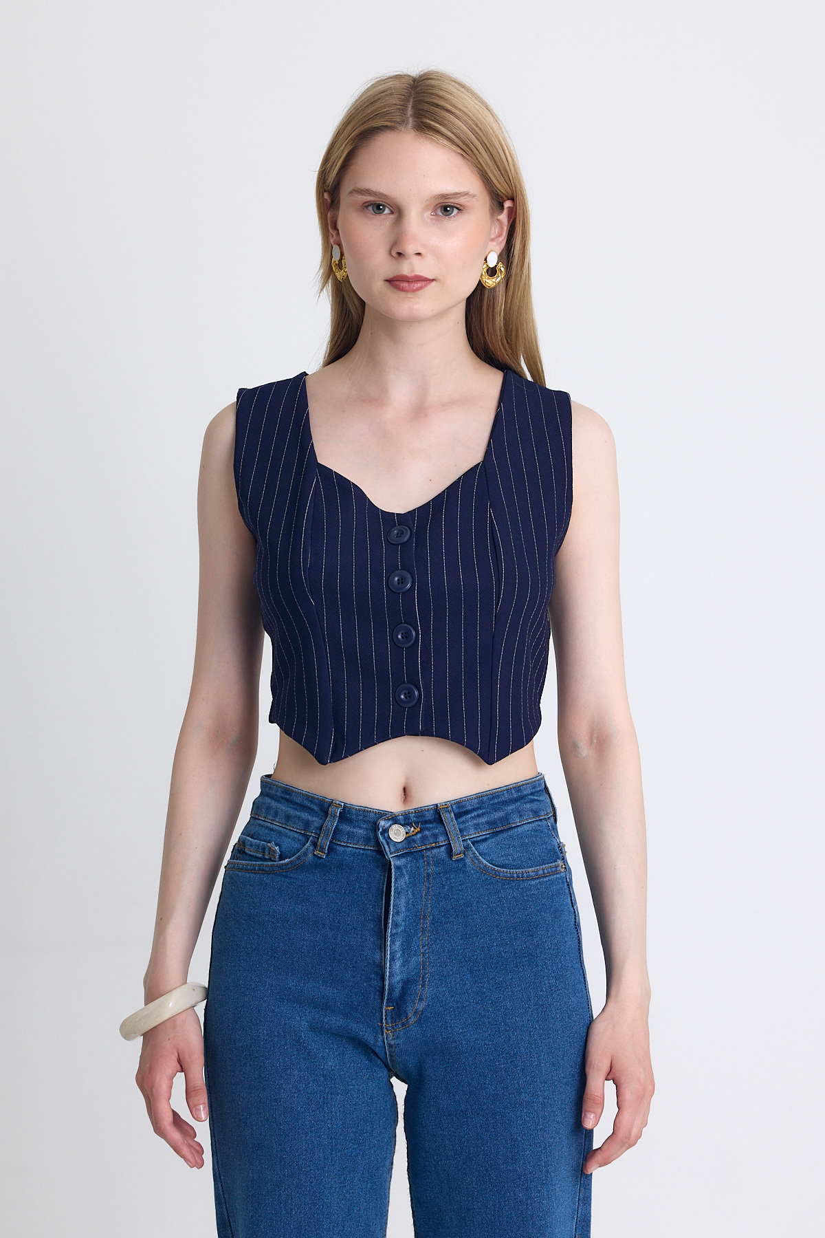 Laci Çizgili V Yaka Pens Detaylı Düğmeli Crop Yelek 4288A - 6