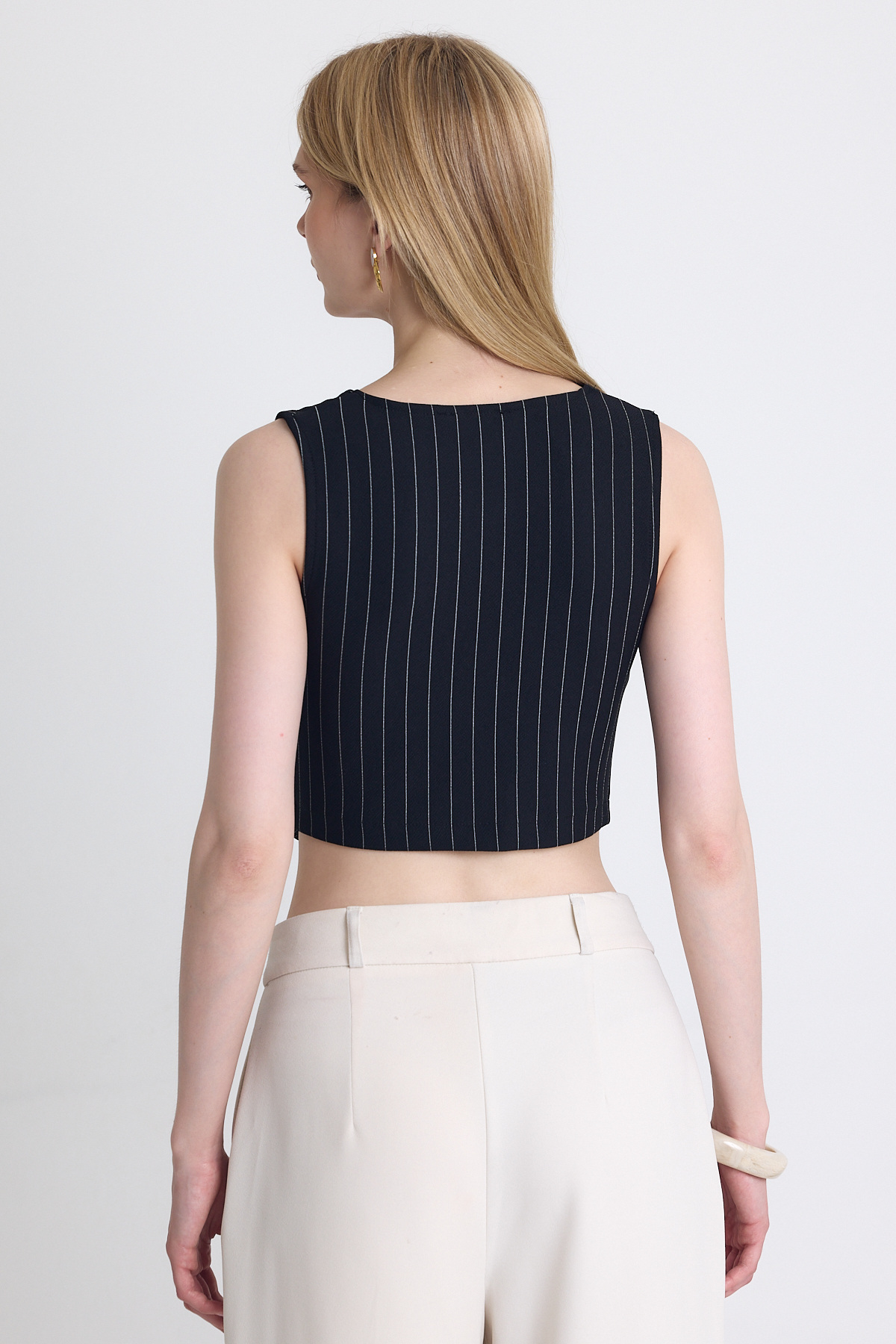 Siyah Çizgili V Yaka Pens Detaylı Düğmeli Crop Yelek 4288A - 5
