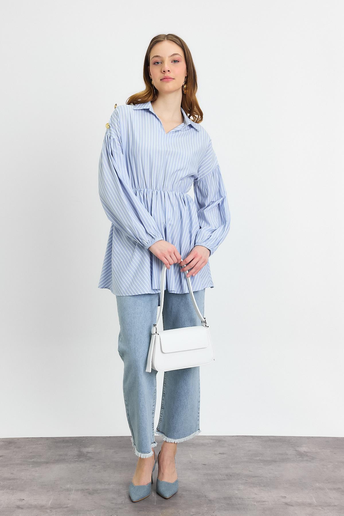 4291A Çizgili Bel Büzgülü Tunik Mavi - RAYS