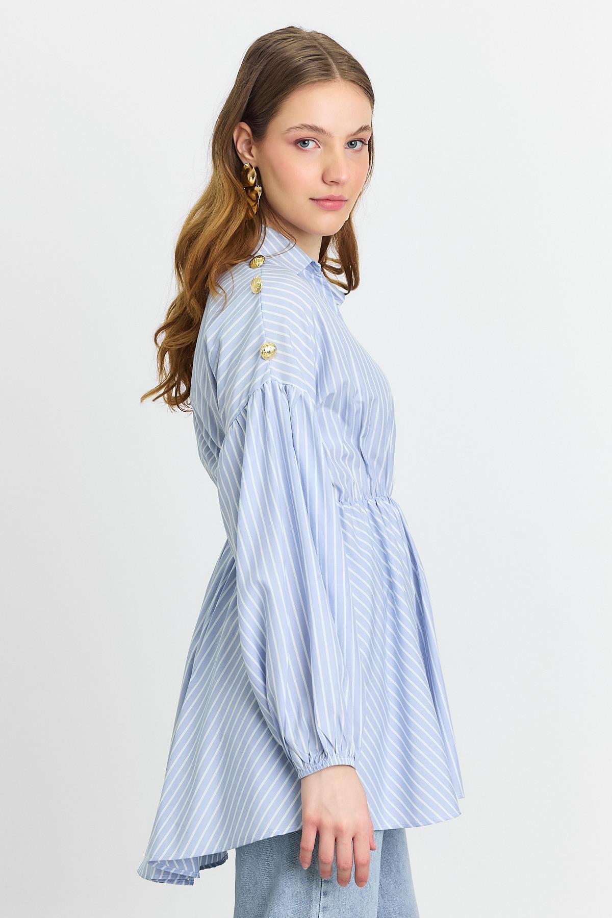 4291A Çizgili Bel Büzgülü Tunik Mavi - RAYS