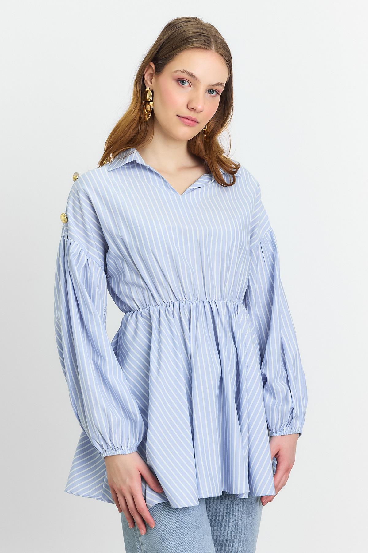 Mavi Çizgili Bel Büzgülü Tunik 4291A - 1