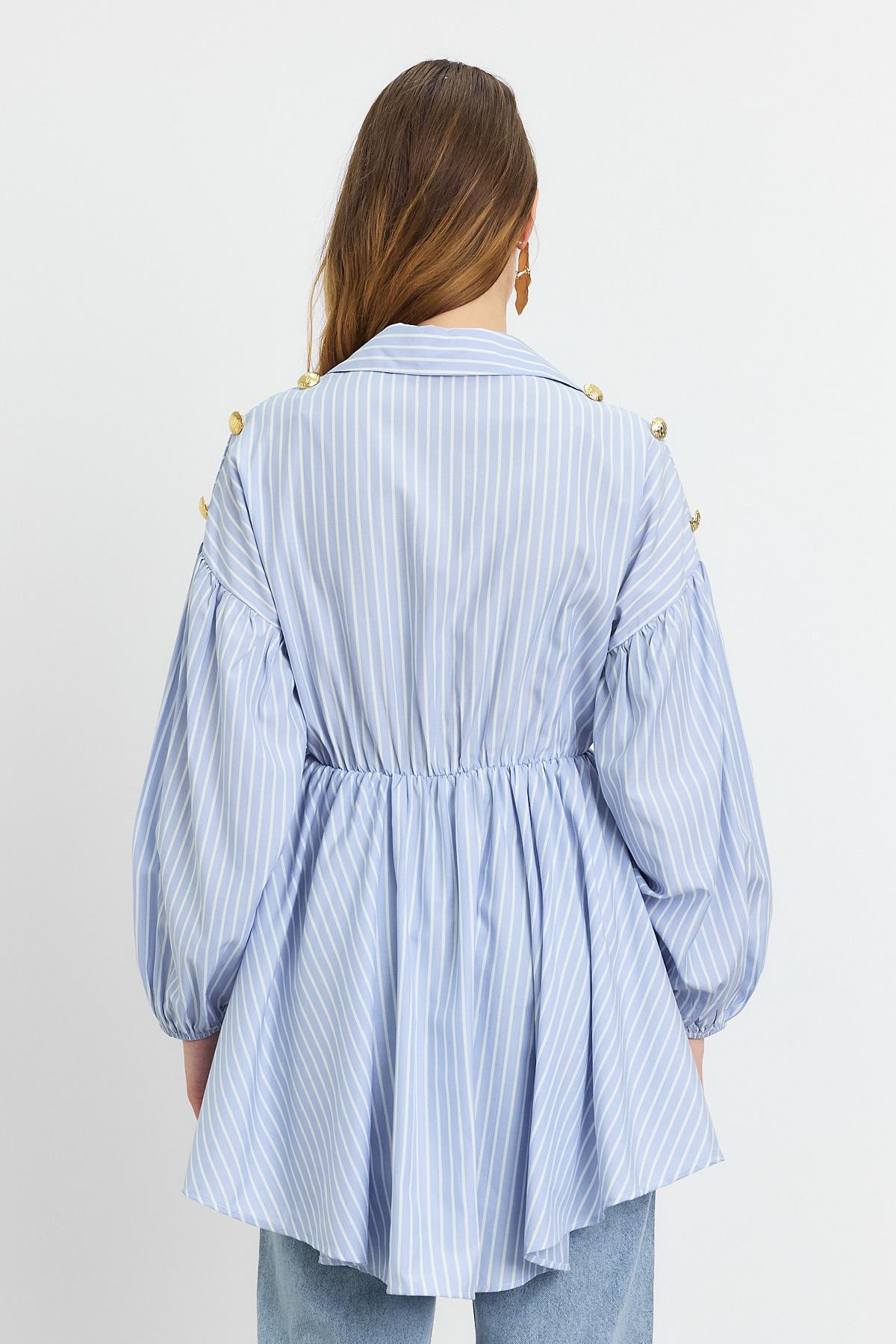 Mavi Çizgili Bel Büzgülü Tunik 4291A - 5