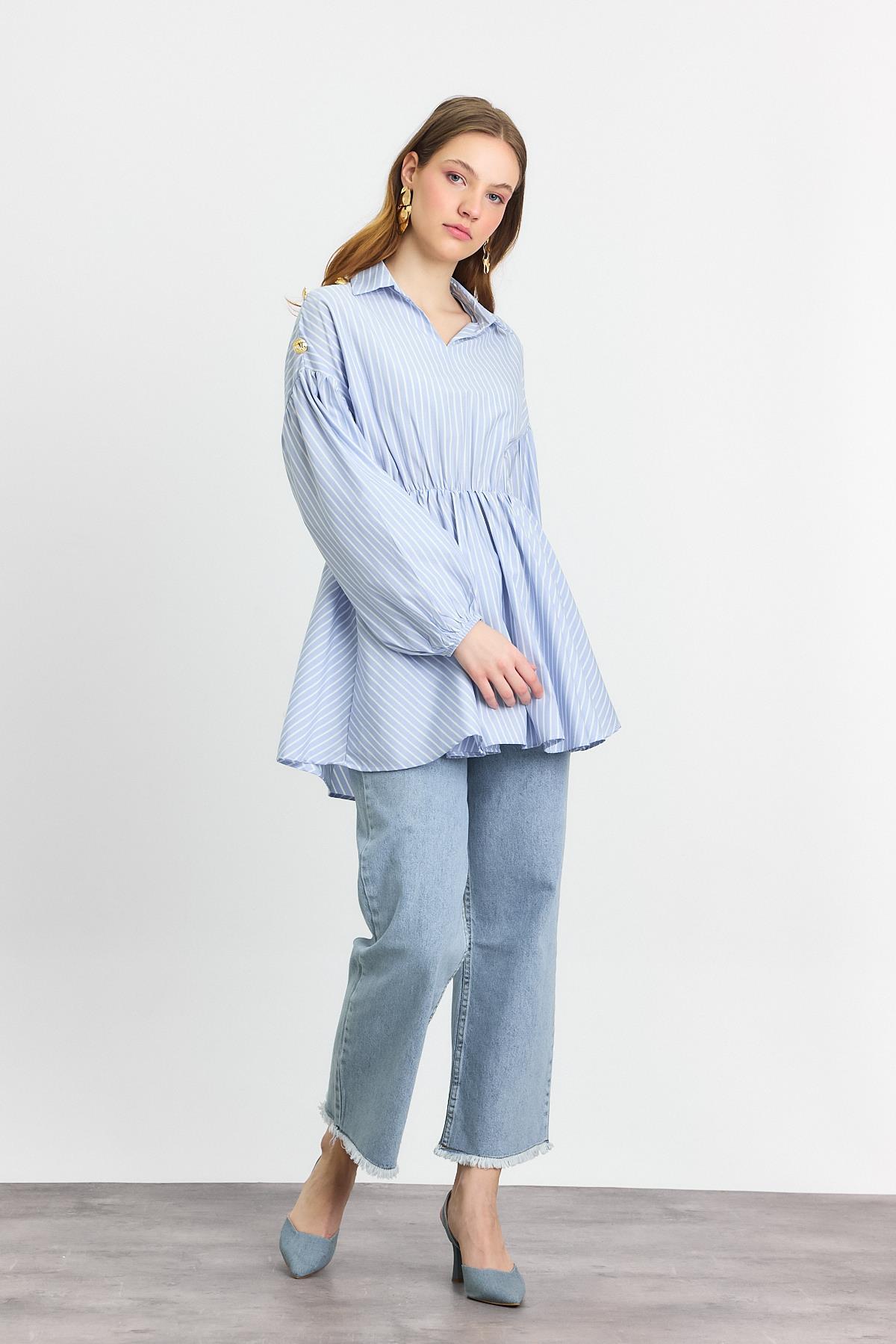 Mavi Çizgili Bel Büzgülü Tunik 4291A - 6