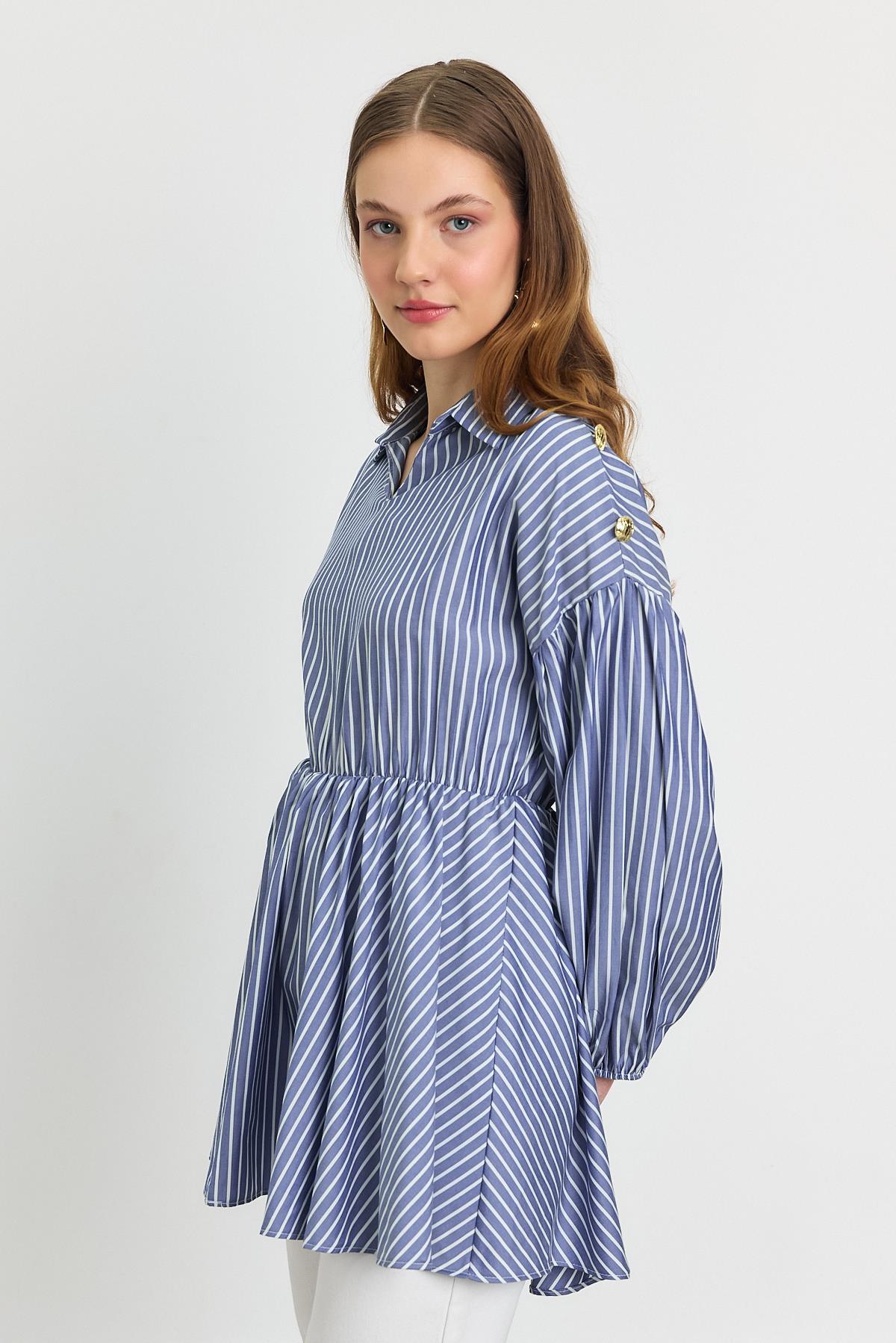 4291A Çizgili Bel Büzgülü Tunik Saks - 1