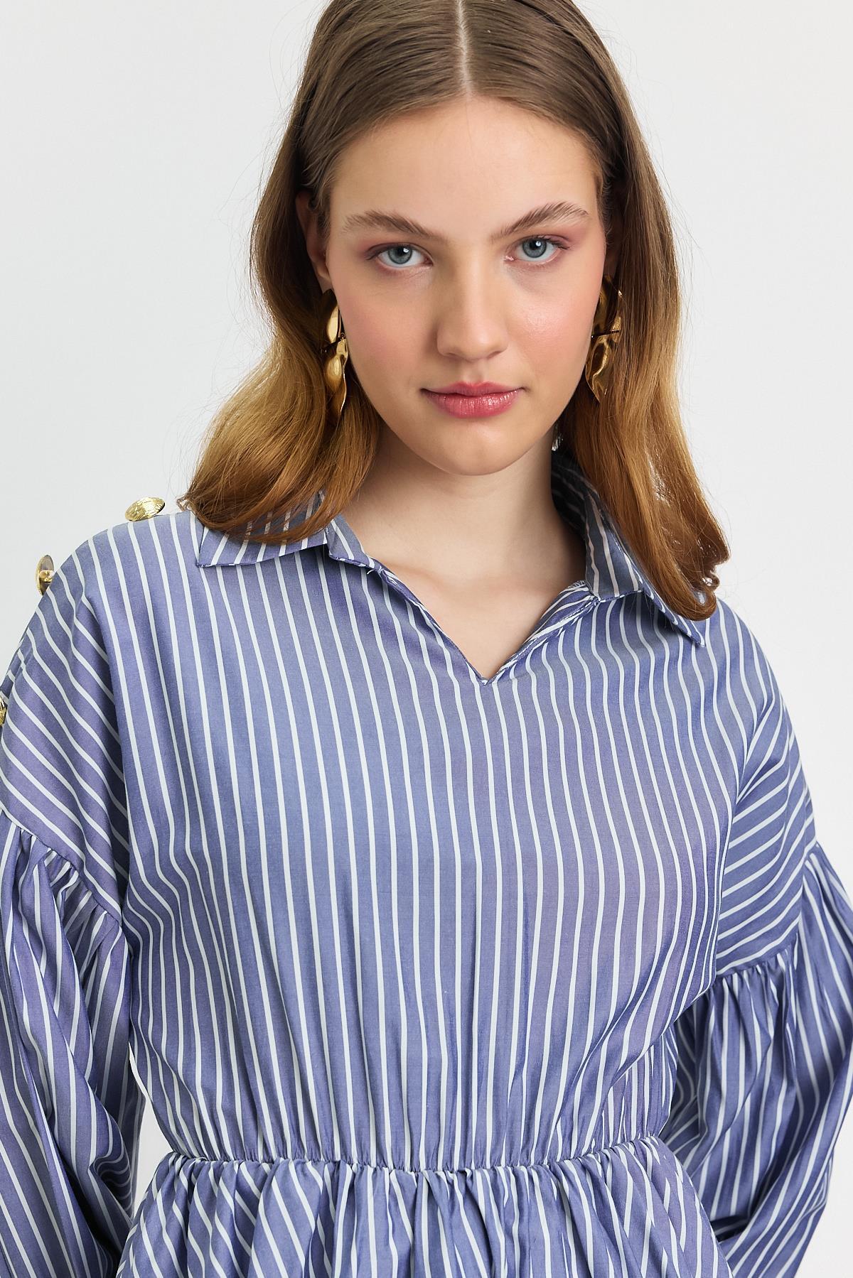 4291A Çizgili Bel Büzgülü Tunik Saks - 8