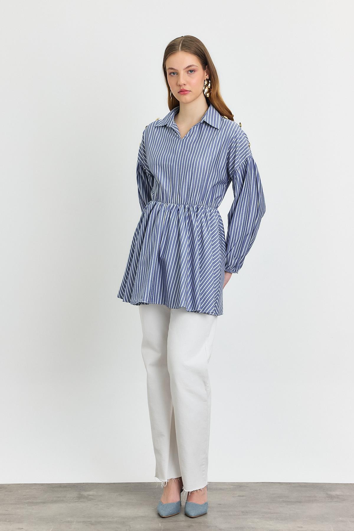 4291A Çizgili Bel Büzgülü Tunik Saks - RAYS