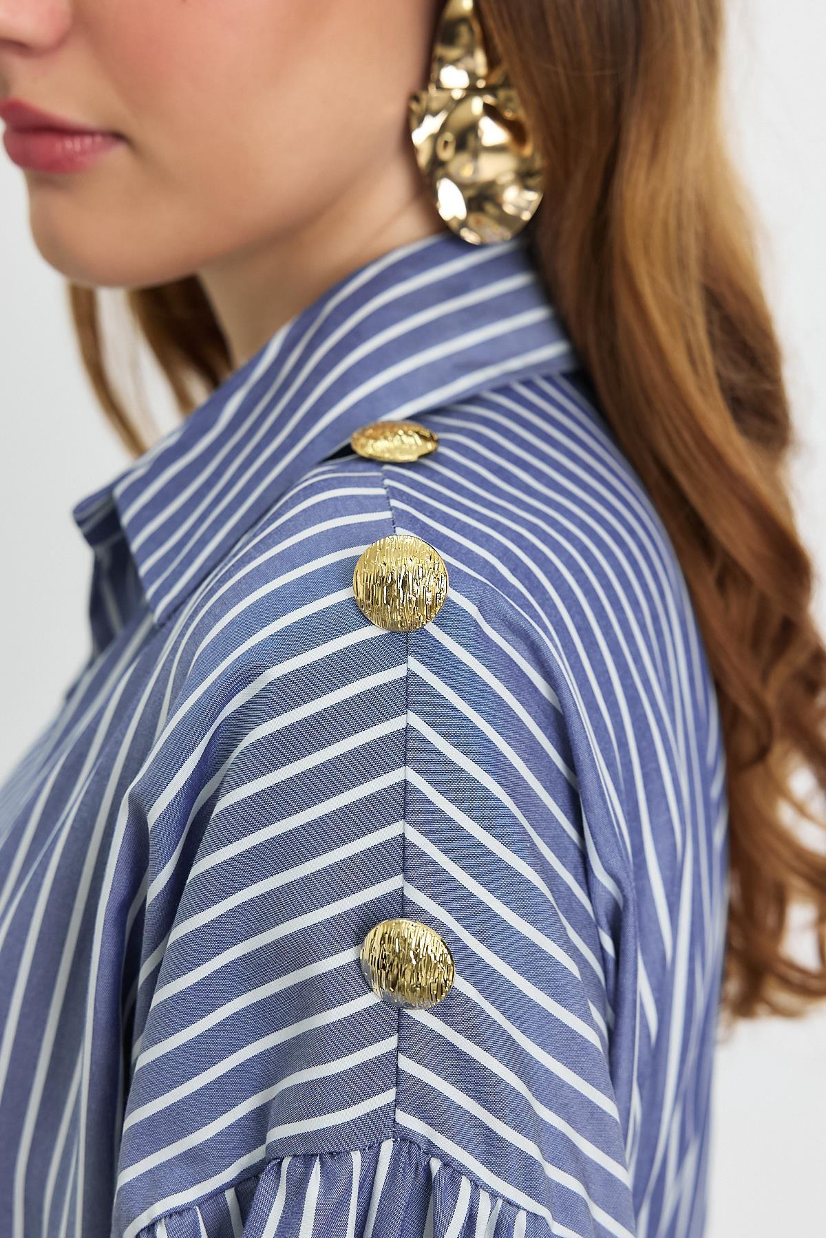 4291A Çizgili Bel Büzgülü Tunik Saks - RAYS