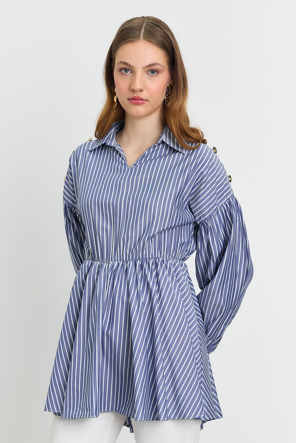 Saks Çizgili Bel Büzgülü Tunik 4291A - 3