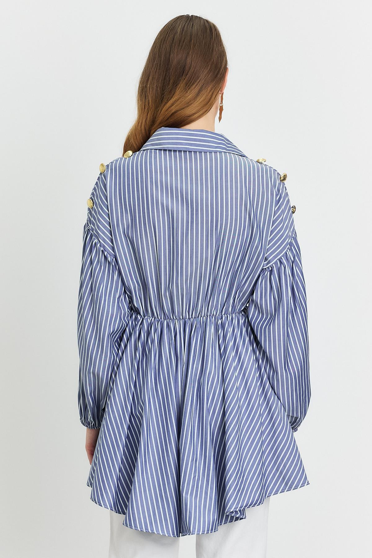 Saks Çizgili Bel Büzgülü Tunik 4291A - 5