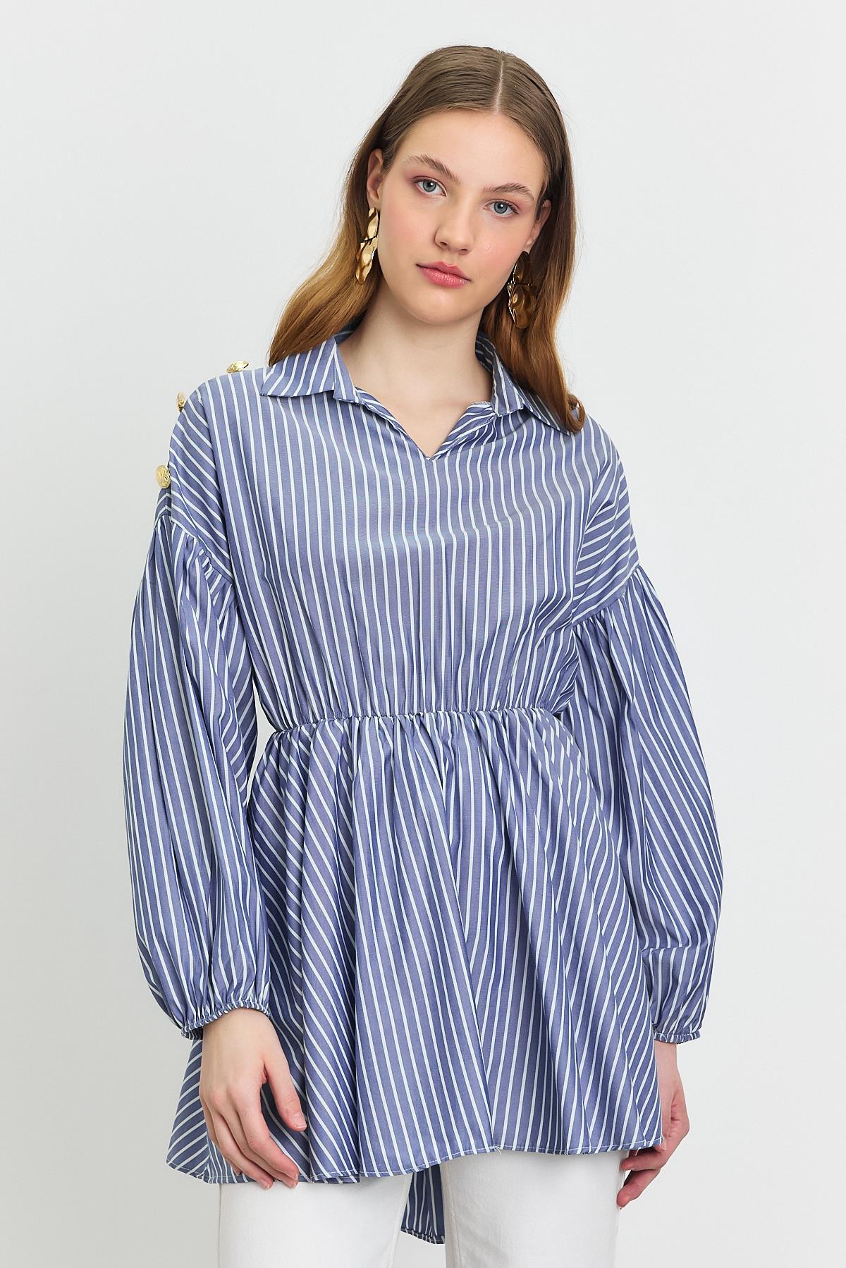 Saks Çizgili Bel Büzgülü Tunik 4291A - 6