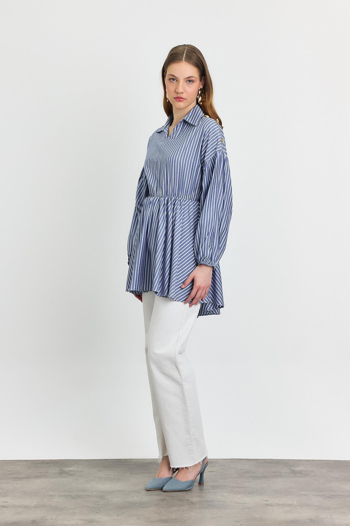 Saks Çizgili Bel Büzgülü Tunik 4291A - 7