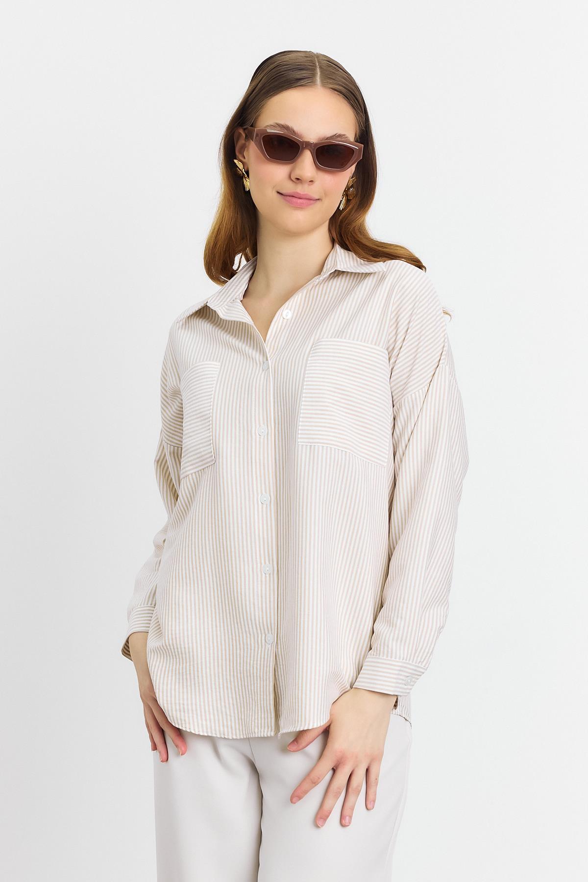 4294A Çizgili Cepli Gömlek Bej - 3