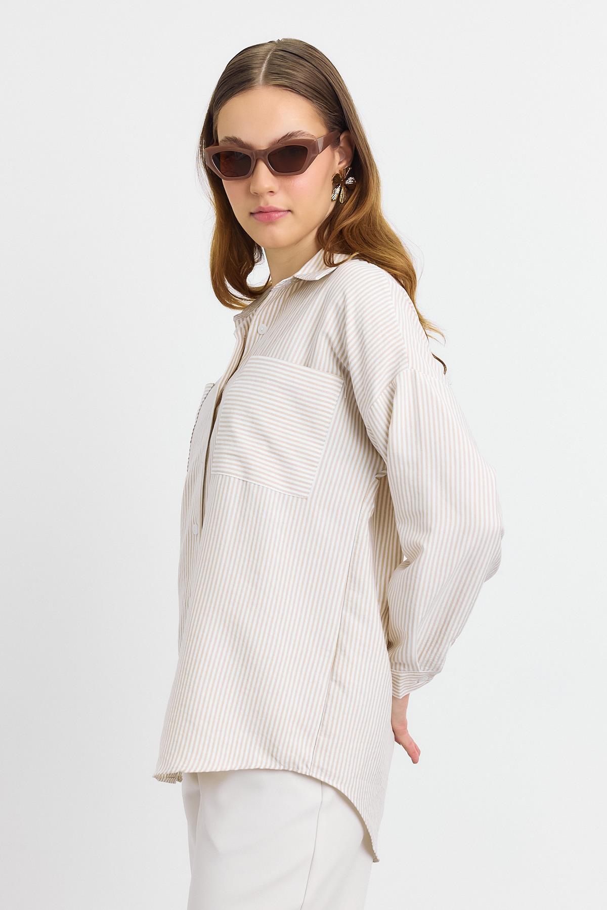 4294A Çizgili Cepli Gömlek Bej - 7