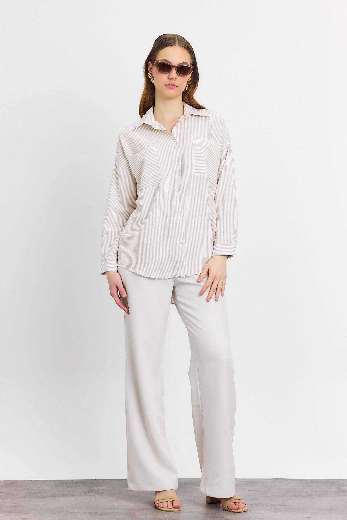 4294A Çizgili Cepli Gömlek Bej - 6