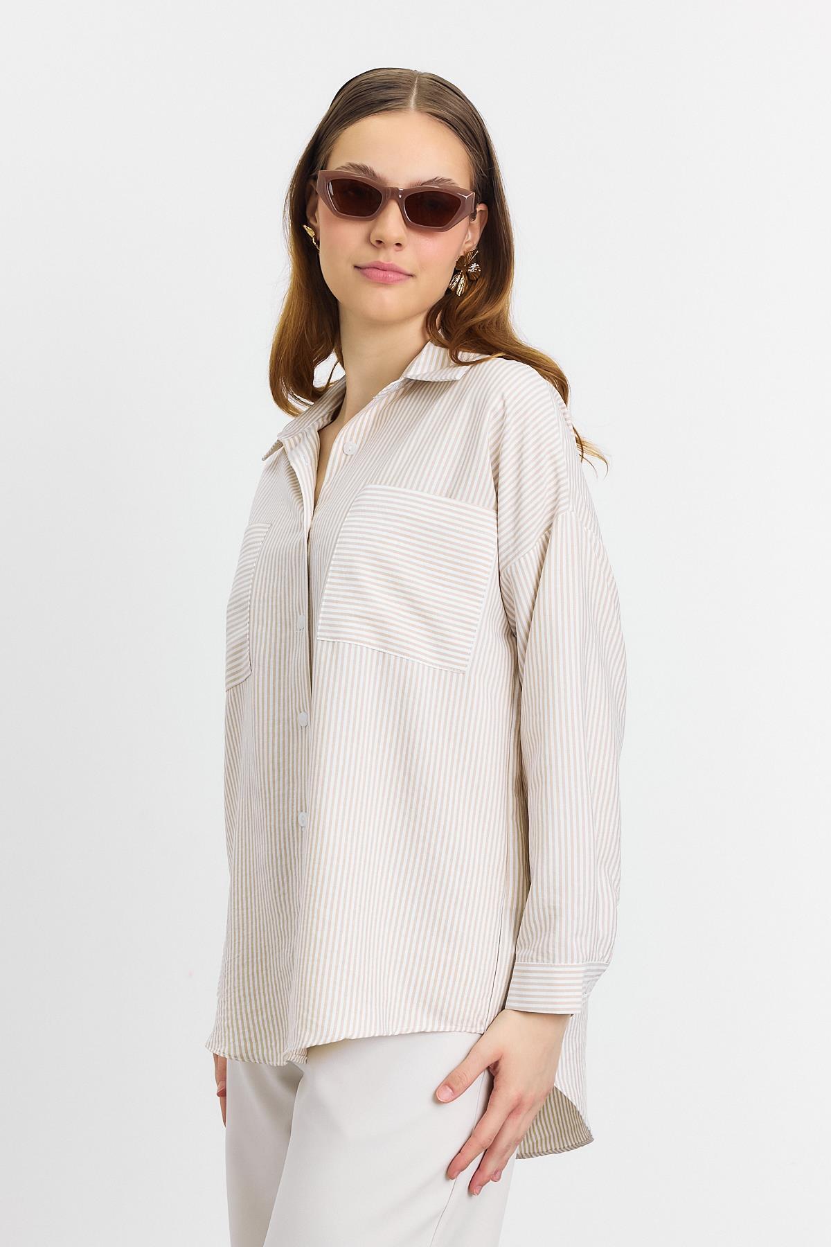 Bej Çizgili Cepli Gömlek 4294A - 1