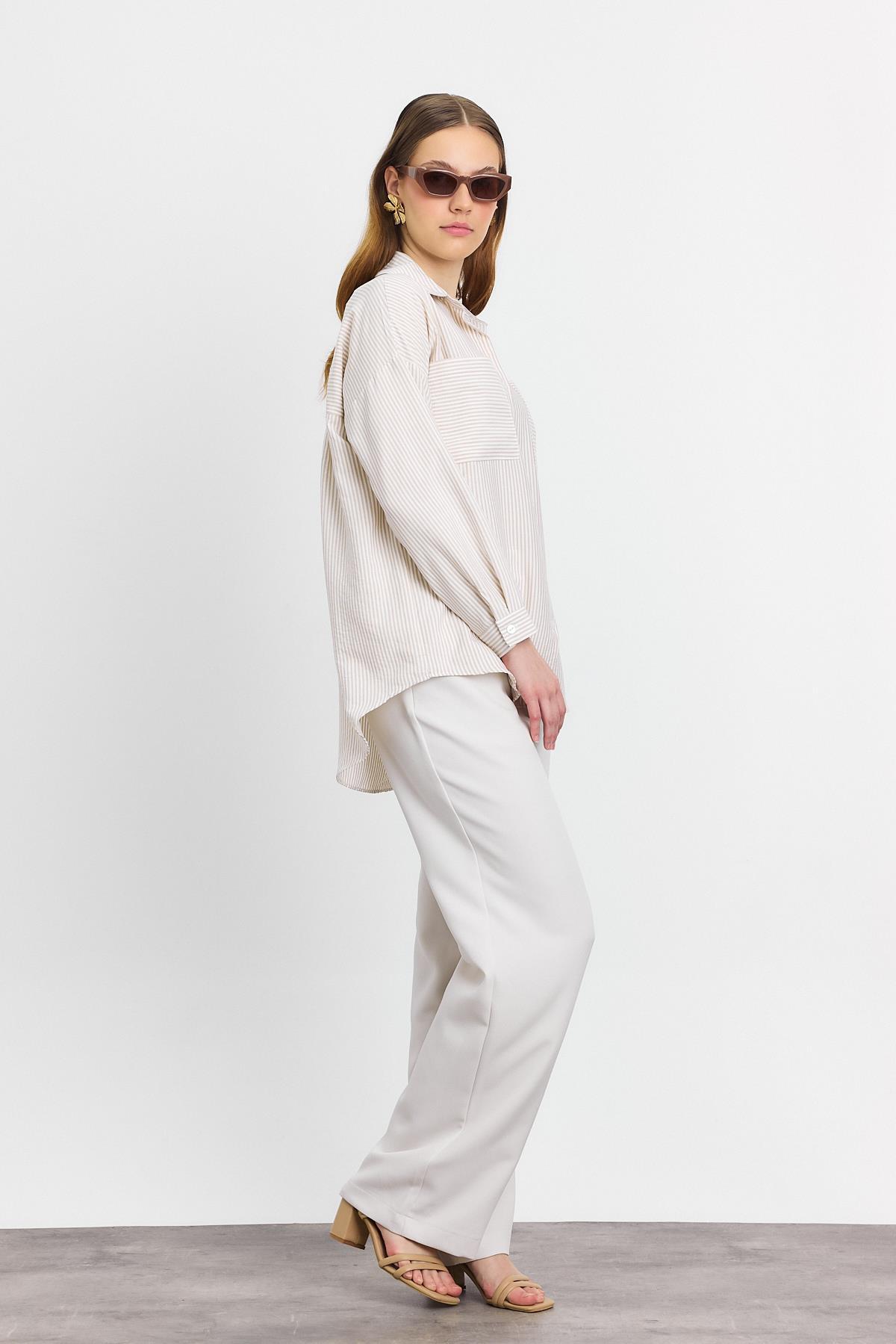 Bej Çizgili Cepli Gömlek 4294A - 2