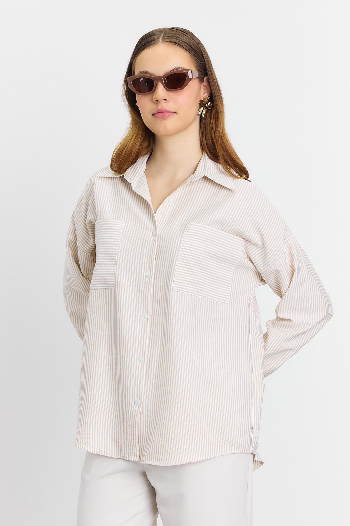 Bej Çizgili Cepli Gömlek 4294A - 8