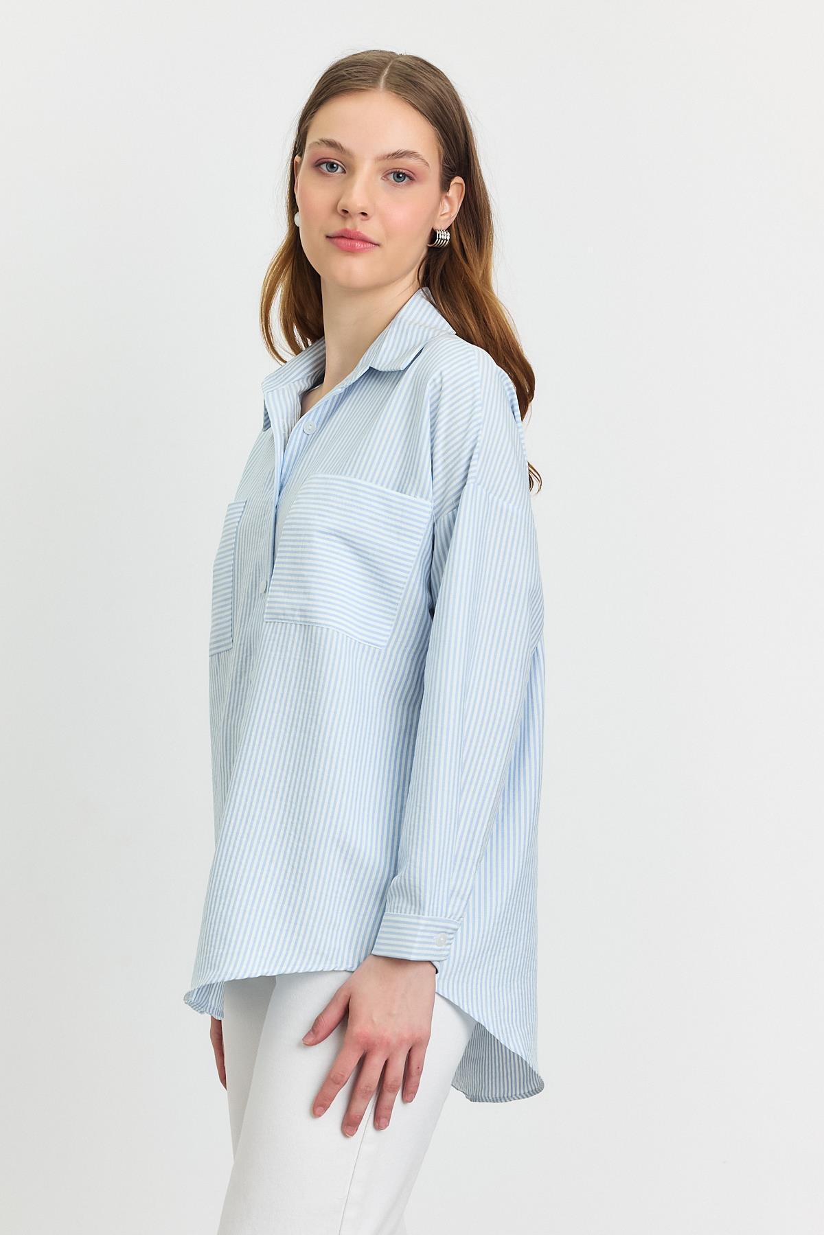 4294A Çizgili Cepli Gömlek Mavi - 1