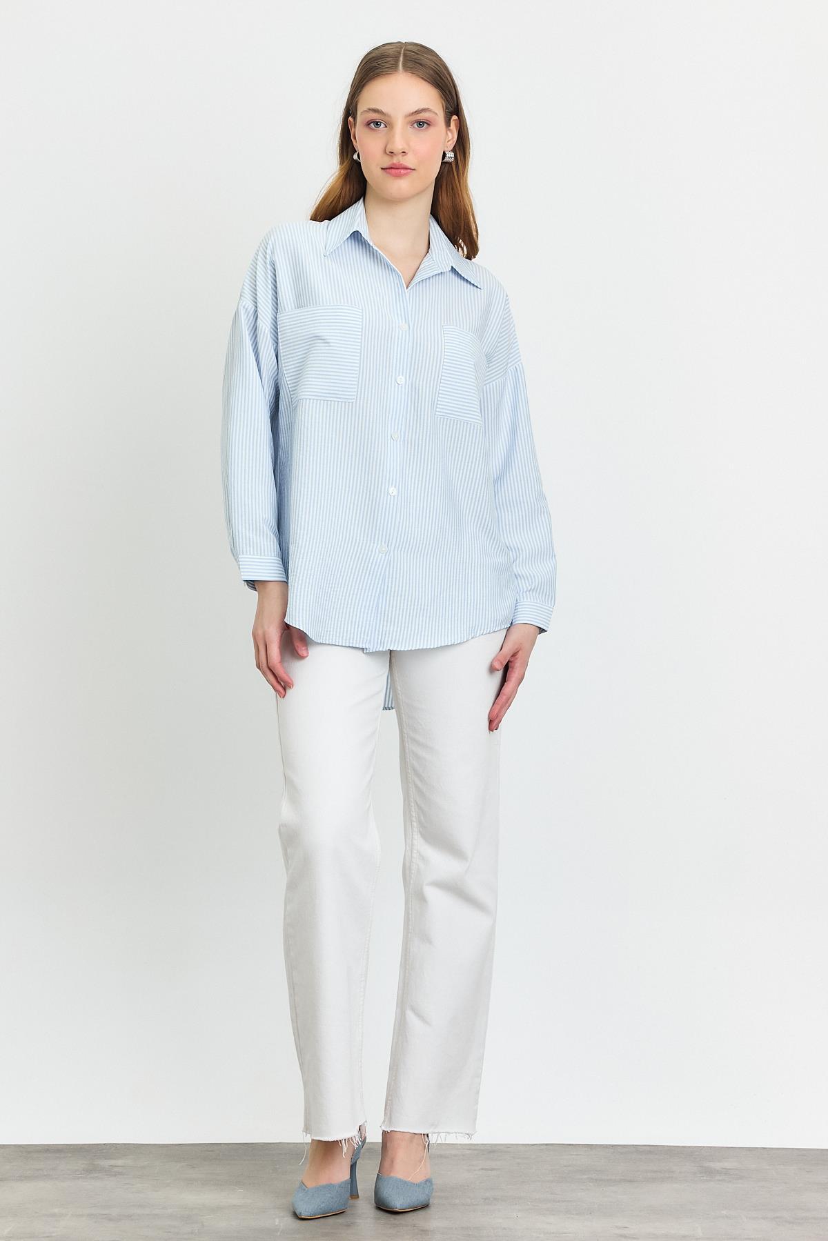 4294A Çizgili Cepli Gömlek Mavi - RAYS