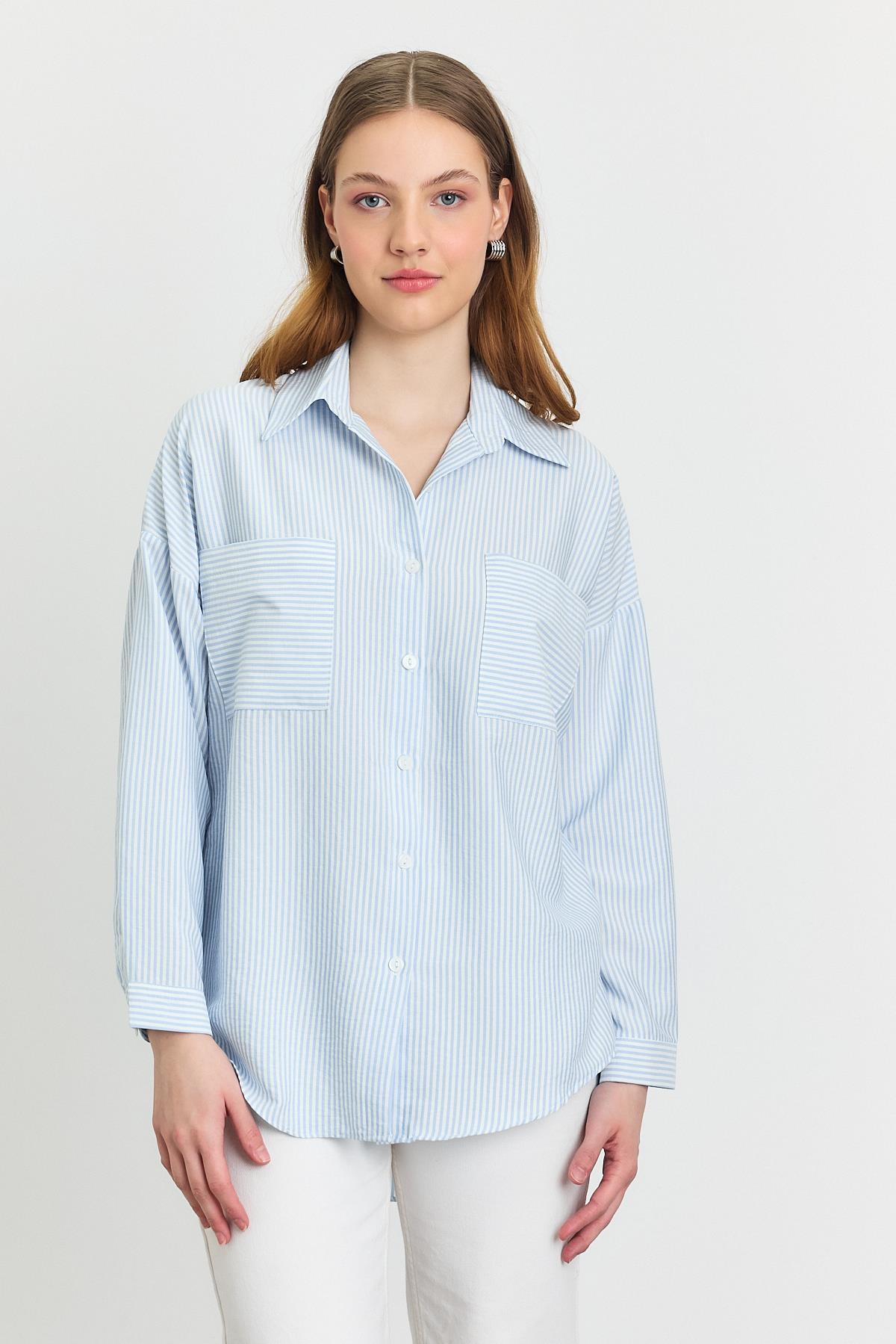 4294A Çizgili Cepli Gömlek Mavi - RAYS