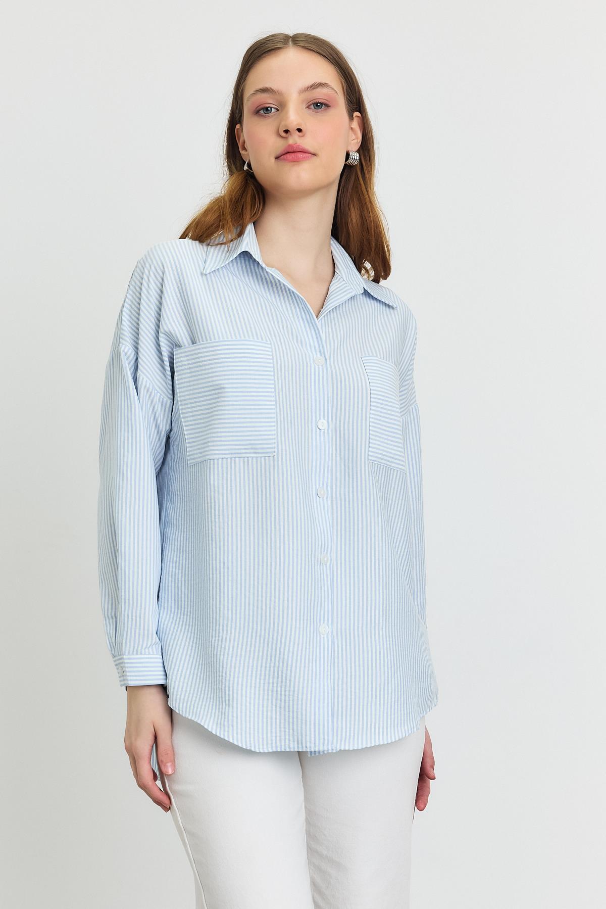 Mavi Çizgili Cepli Gömlek 4294A - 7