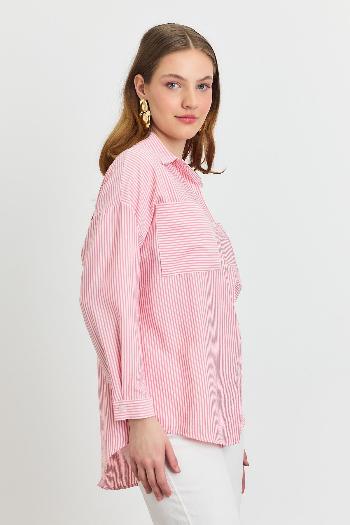 Pembe Çizgili Cepli Gömlek 4294A - 1