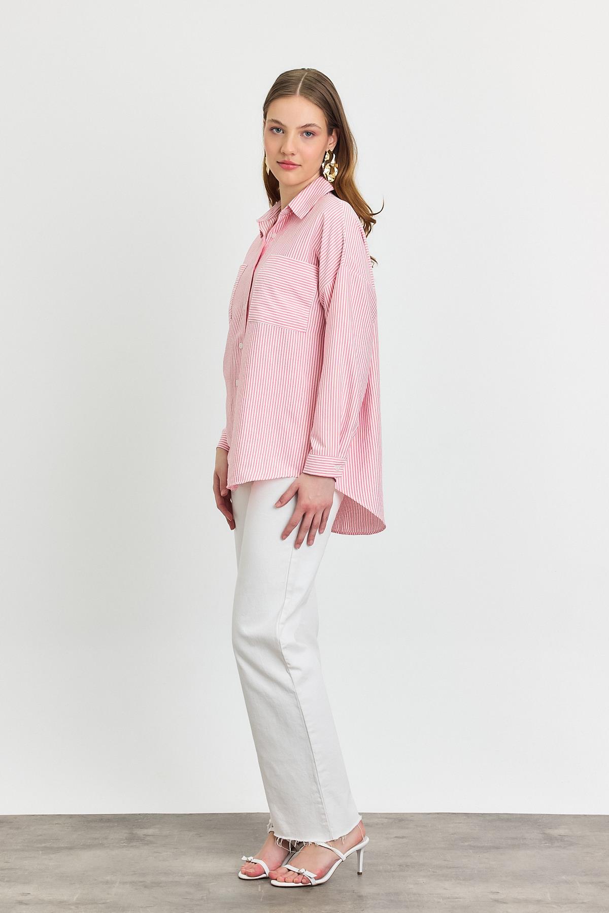 Pembe Çizgili Cepli Gömlek 4294A - 2