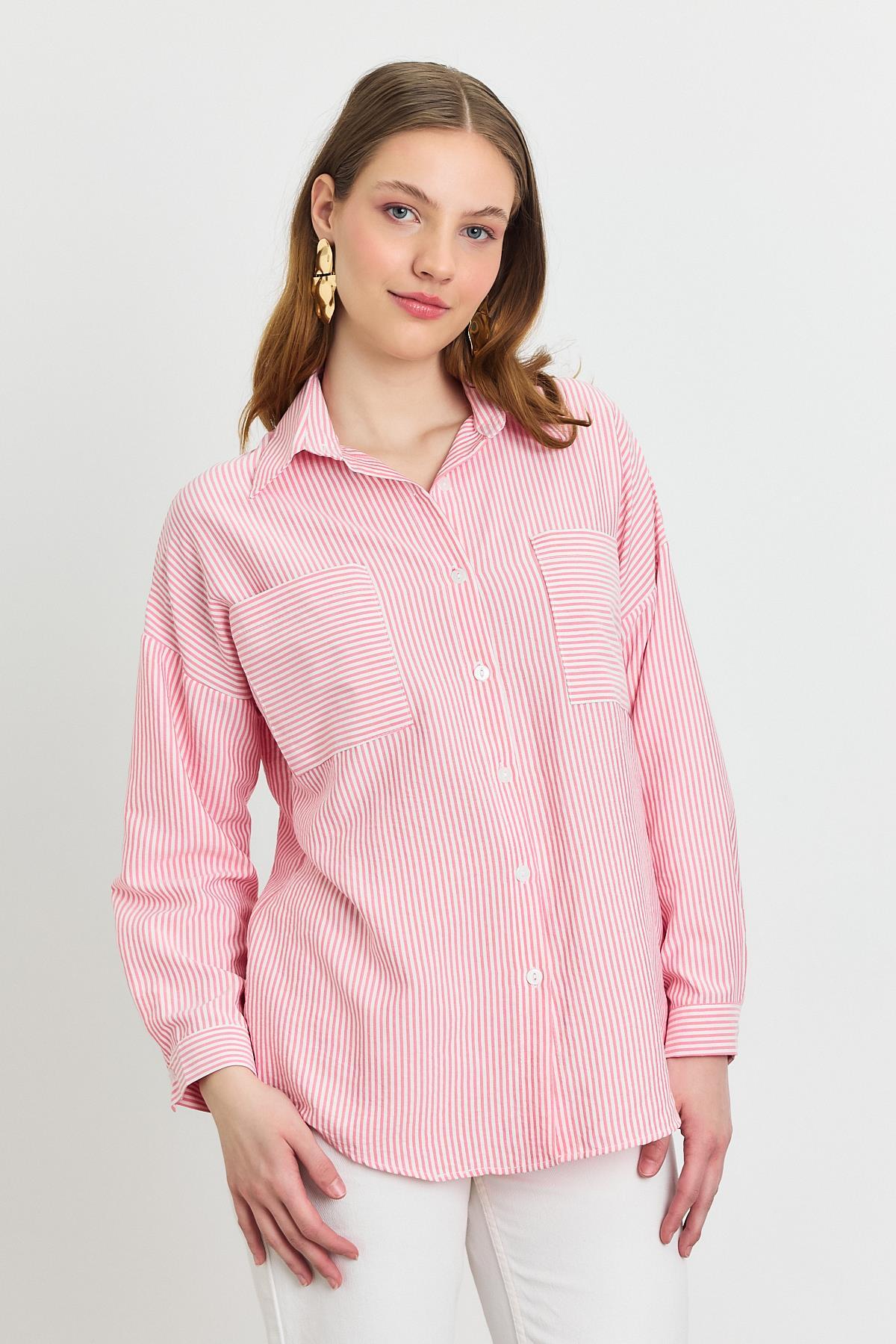 Pembe Çizgili Cepli Gömlek 4294A - 3