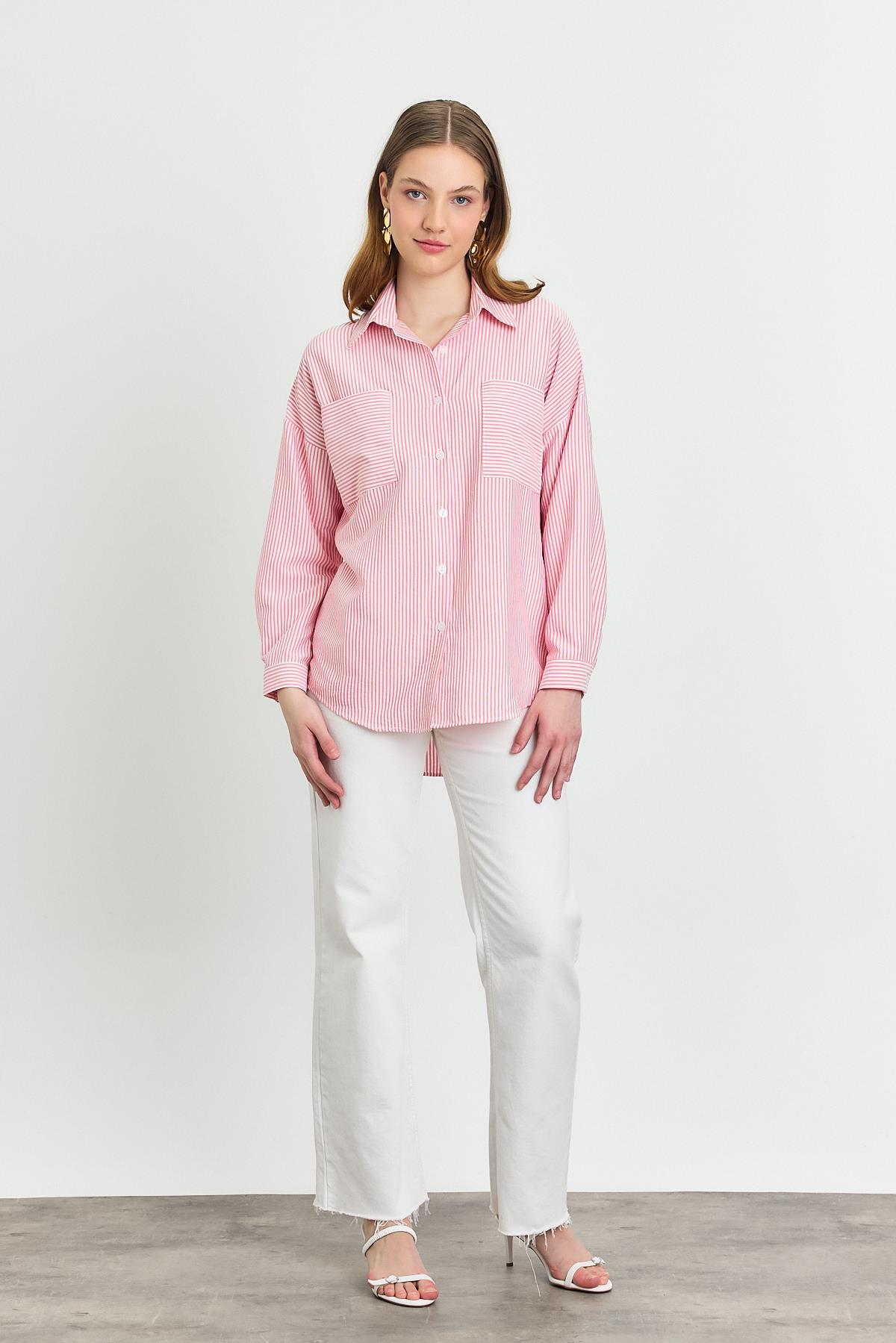 Pembe Çizgili Cepli Gömlek 4294A - 7