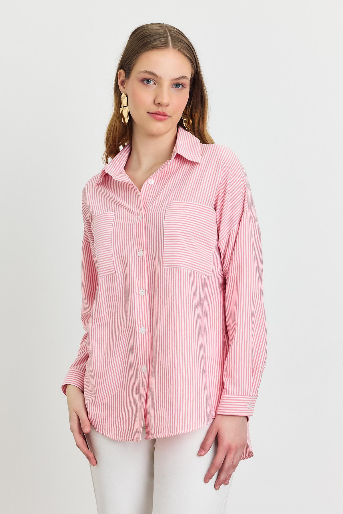 4294A Çizgili Cepli Gömlek Pembe - 8